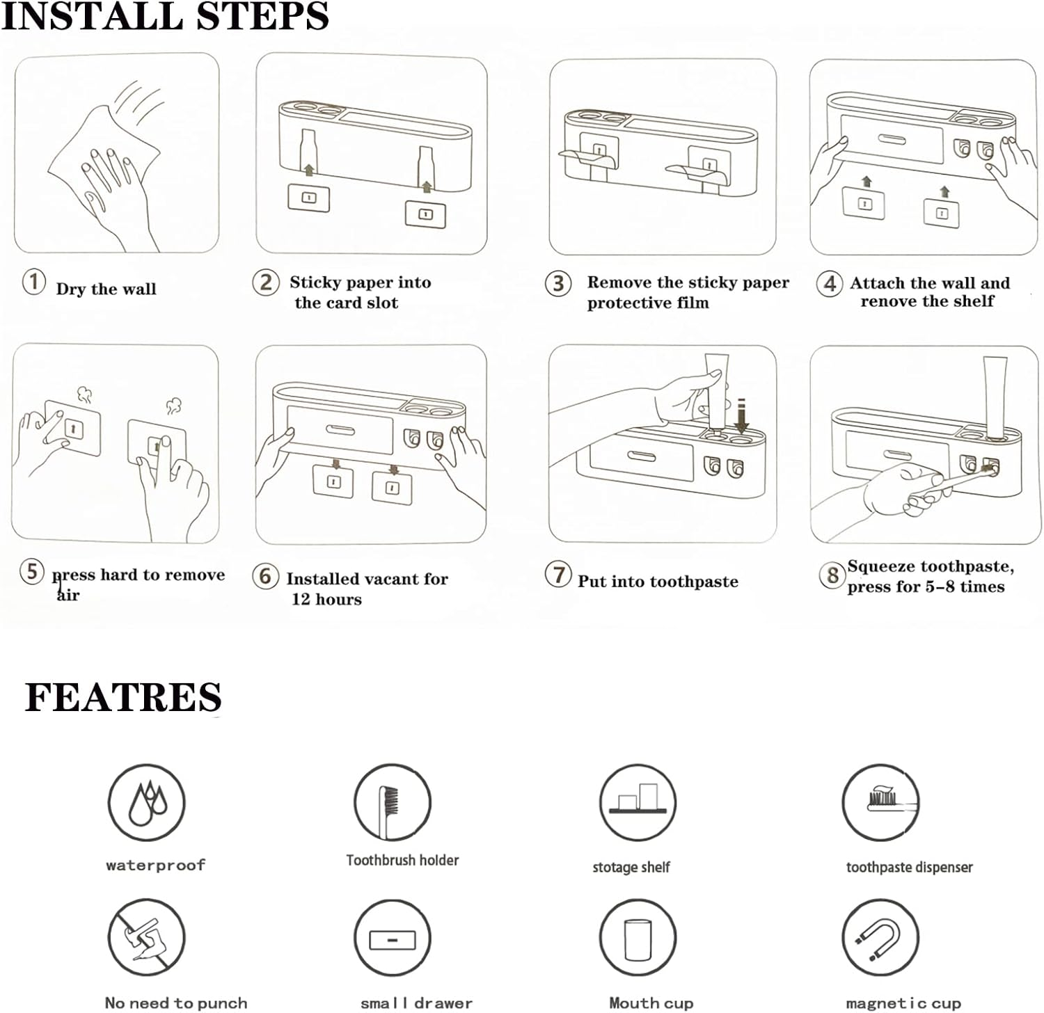 Hushnow Toothbrush Holder Wall Mounted,Double Automatic Toothpaste Dispensers with 6 Brush Slots 3 Magnetic Cups 1 Cosmetic Drawer Organizer 1 Large Storage Tray,Grey Toothbrush Holder Set