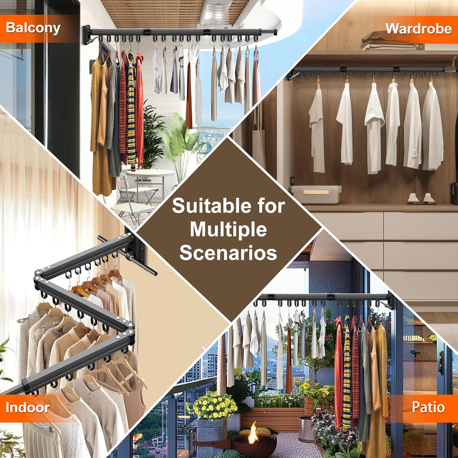 SNSUTY Clothes Drying Rack, Tri-Fold Laundry Drying Rack Wall Mount, Space Saver Clothes Rack with Ring Type Hooks, Retractable, Collapsible, for Balcony, Laundry, Bathroom image number 1