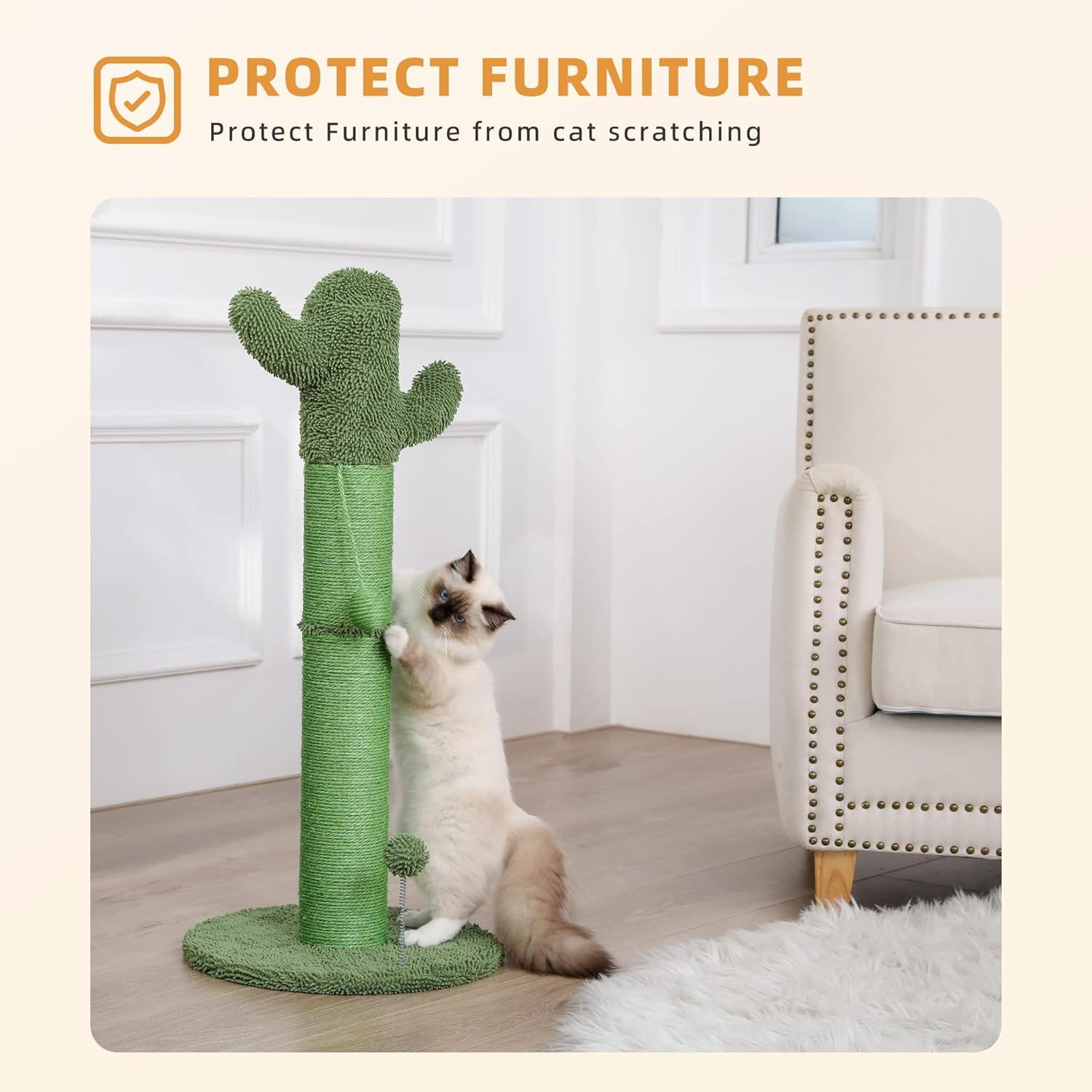 PAWZ Road Cactus Scratching Posts, Creative Scratching Posts, Stylish Cat Tree, Large with Ball H: 85Cm/33.5" Green