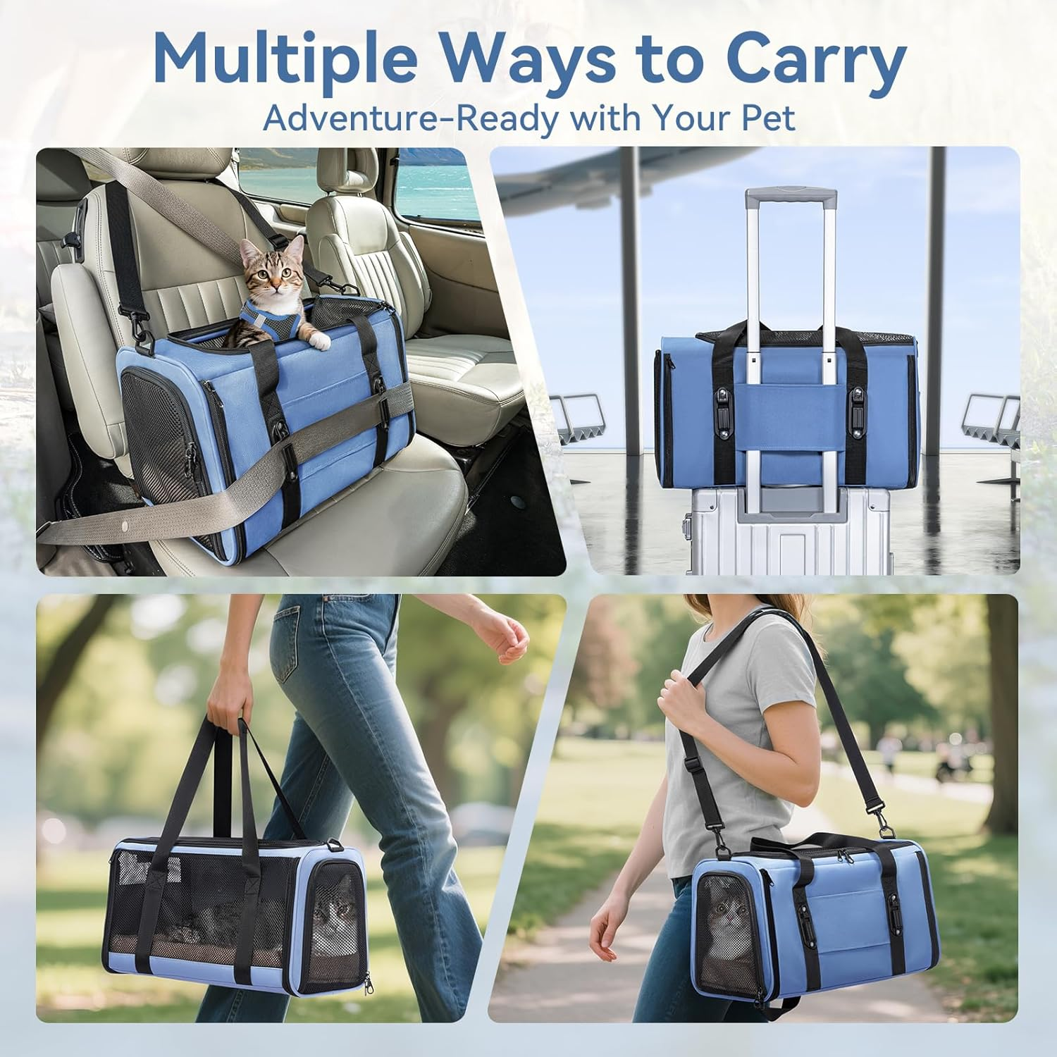 Petsfit Cat Dog Transport Box Car Cat Transport Box Dog - Foldable Carry Bag with 2 Patent Buckles for Car Seat, 4-Sided Mesh & Removable Cushion, M/Blue