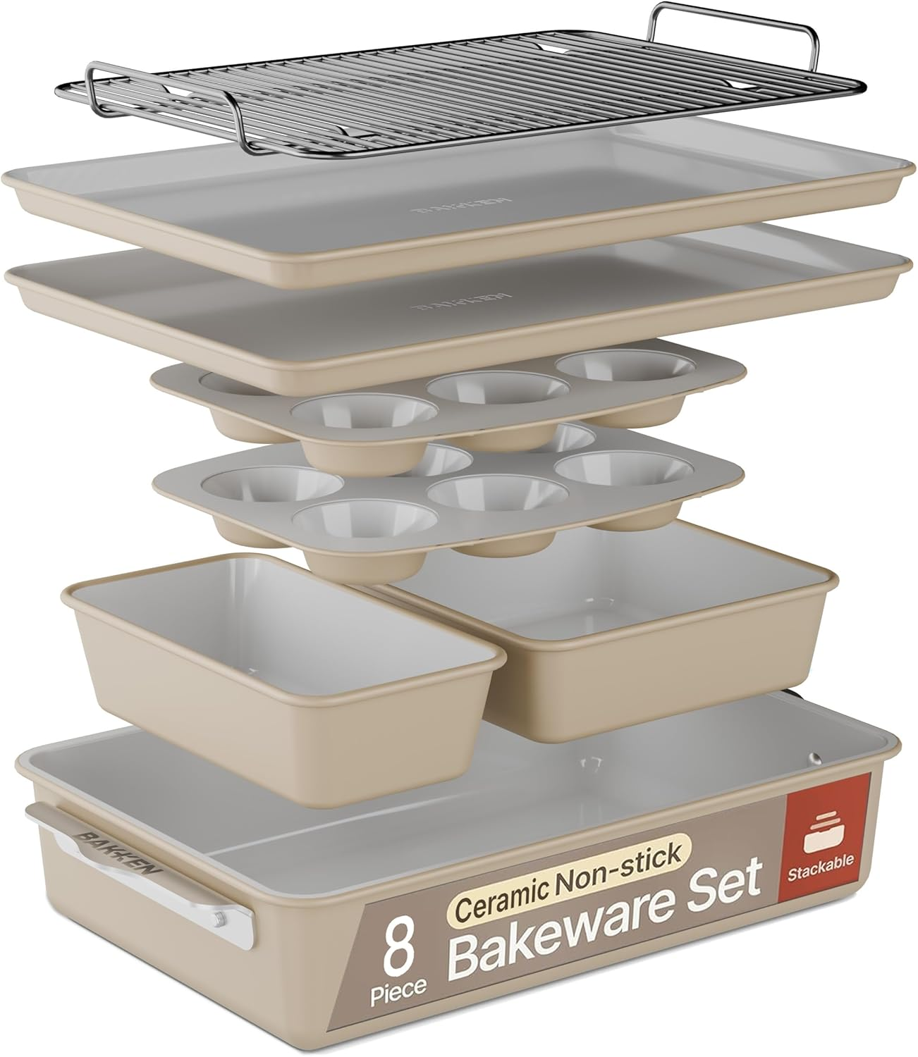 Bakken 8-Piece Ceramic Coated Bakeware Sets, Nonstick Aluminized Steel Pans with Muffin, Loaf, Cake, Roasting Pan, & Cooling Rack, Oven Safe up to 500&deg;F, Dishwasher Safe, BPA, PTFE & PFAS Free, Blue
