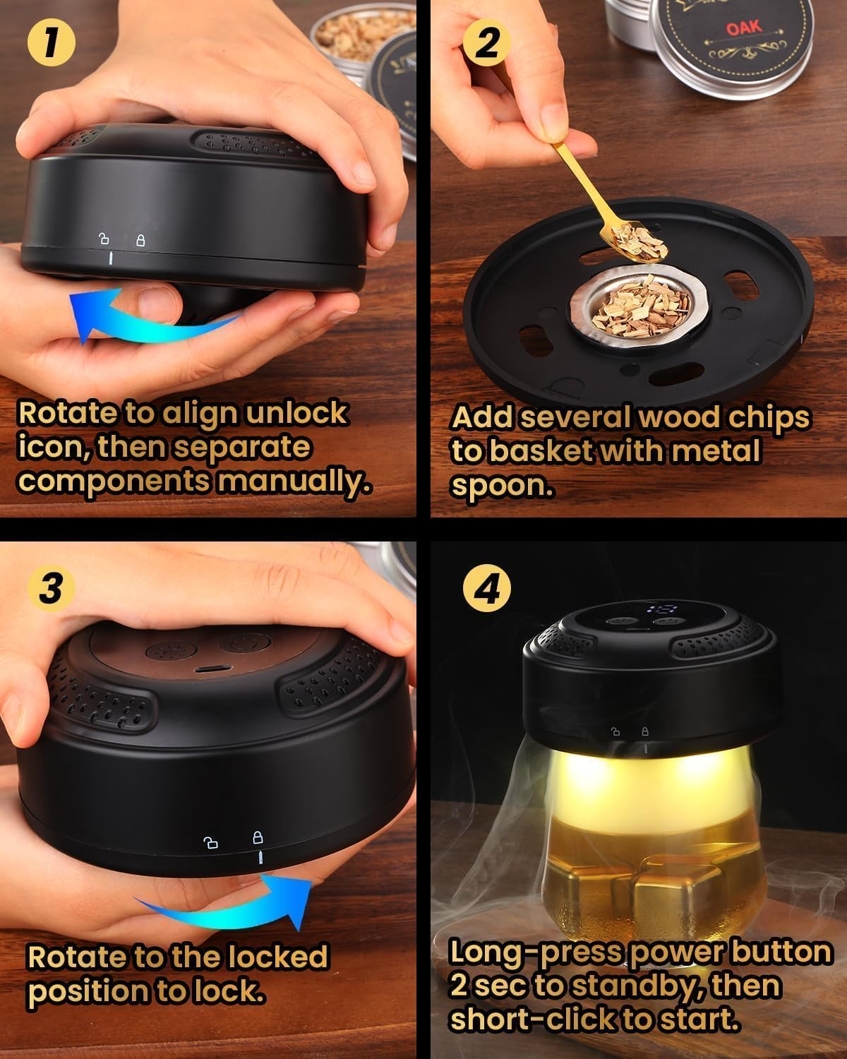 Electric Whiskey Smoker Kit, Kobuer Old Fashioned Smoker Kit, Built-In Lighter & Ambient Light, 4 Reusable Ice Cubes 6 Flavors Wood Chips, Gifts for Men Dad Husband Whiskey Lovers (Birthday/Christmas) image number 6