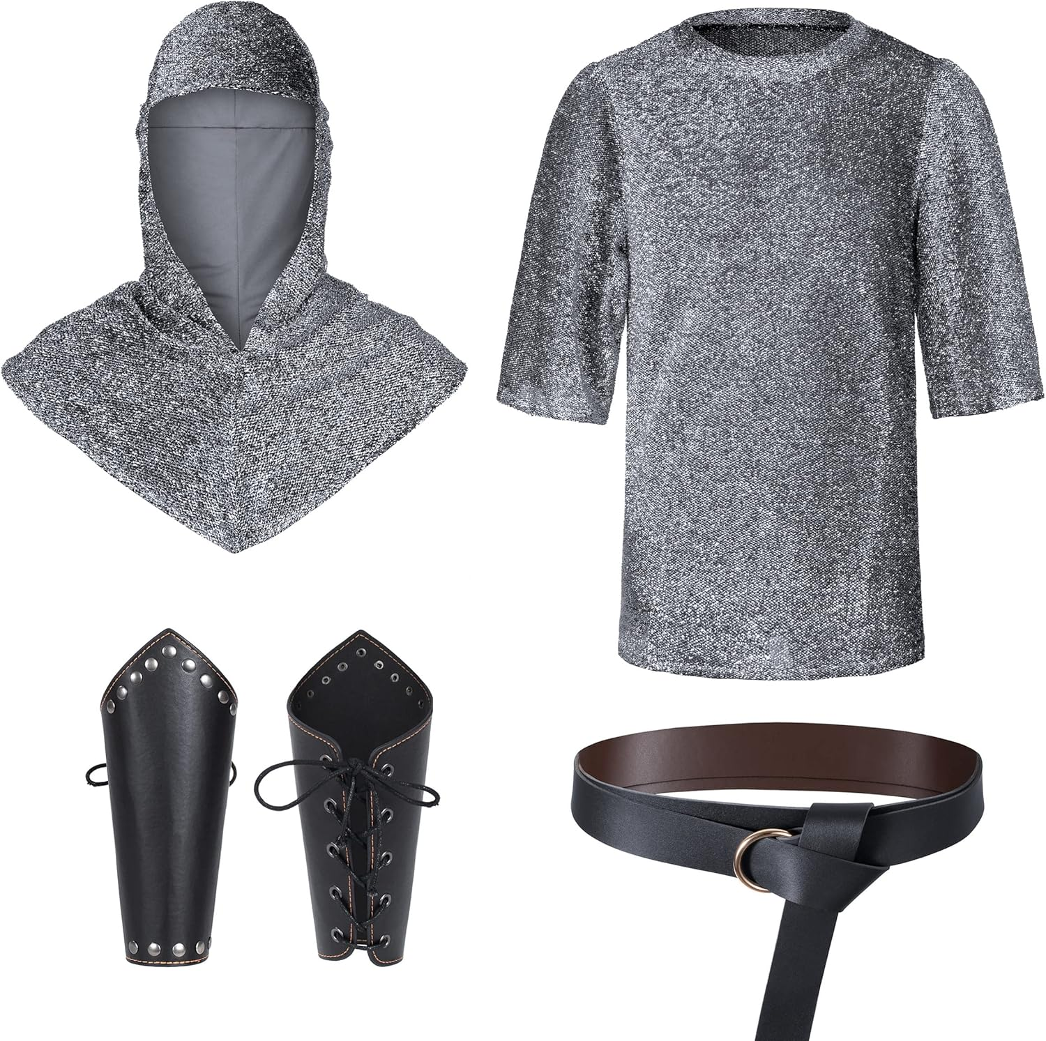 Renaissance Faux Chain Mail Armor Tunic Shirt Coif Medieval Knight Cowl Crusader Costume Outfit Bracers Waist Belt Set image number 6