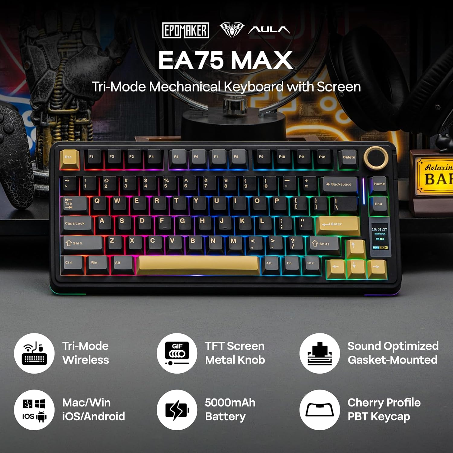 EPOMAKER X Aula EA75 MAX Wireless Gaming Keyboard with Screen & Knob, 5000Mah, Hot-Swap, Lubed Switches, RGB Backlit, Creamy Gasket, 75% Mechanical Keyboard (Black, Reaper Switch) image number 3