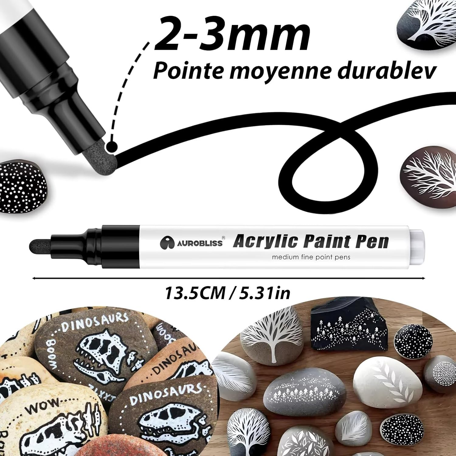 Aurobliss Acrylic Pens Black Pack of 8 Waterproof Pens for Wood, Canvas, Stones, Plastic, Clothing, Fabric - 2-3 Mm Thick Tip, Permanent Black Ink - Black image number 4