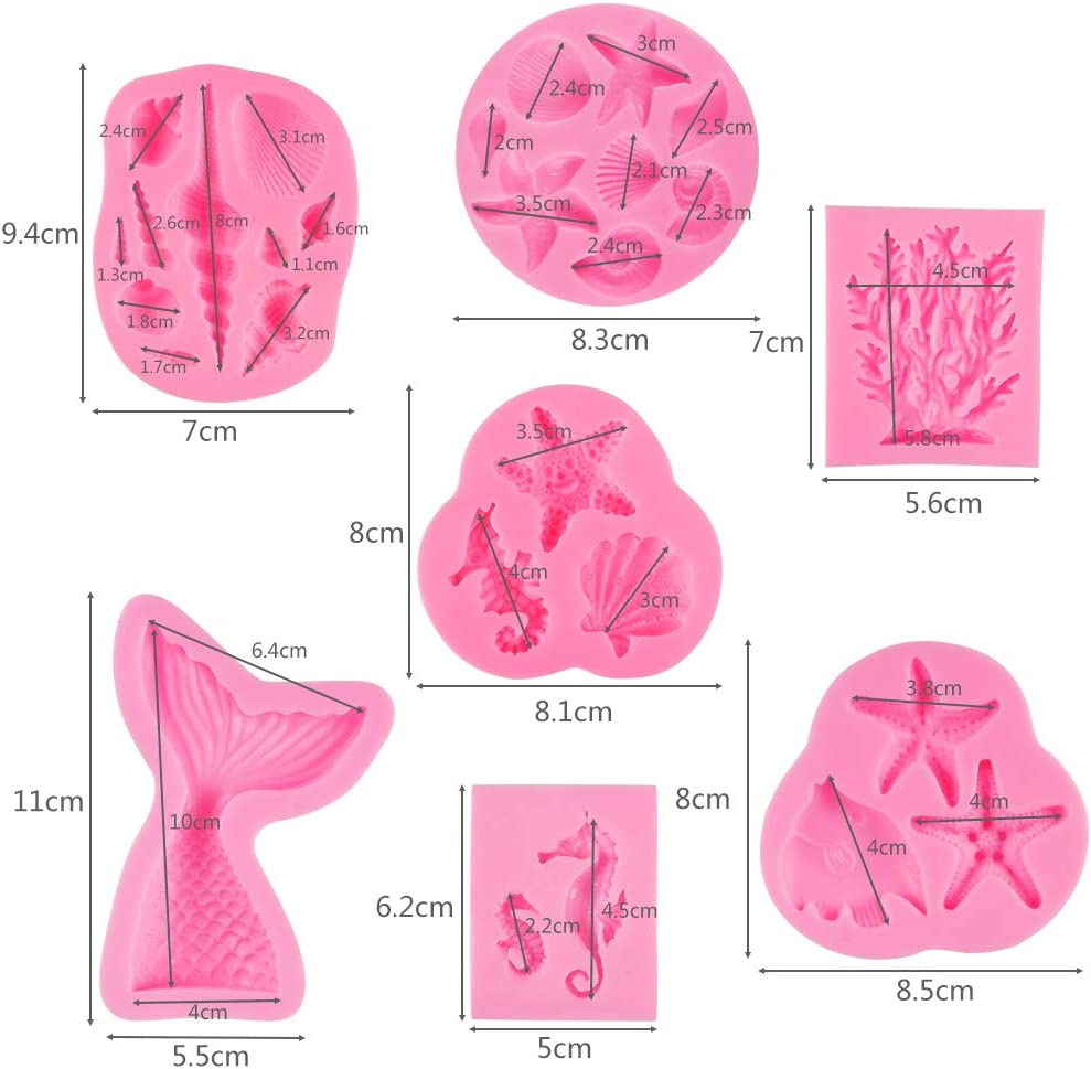 HANGNUO 7 Pack Sea Creatures Fondant Moulds Mermaid Tail Star Fish Seahorse Seashell Silicone Mould for Cake Decoration Chocolate image number 3