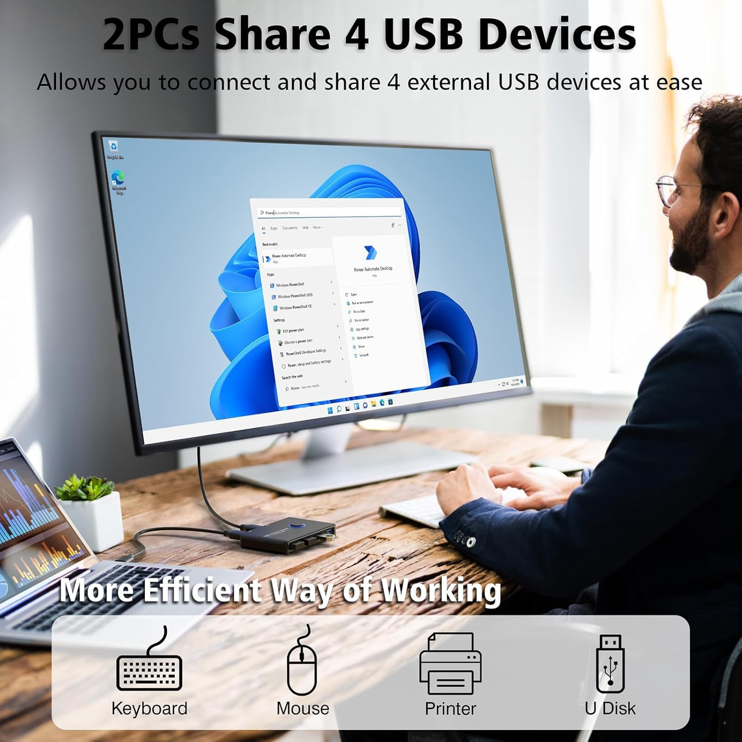 USB 3.0 Switch Selector for 2 Computers, USB Switcher Sharing 4 USB Devices Peripheral Hub for Mouse, Keyboard, Scanner, Printer; for Mac/Windows/Linux; 2 Pack USB Cables Included image number 2