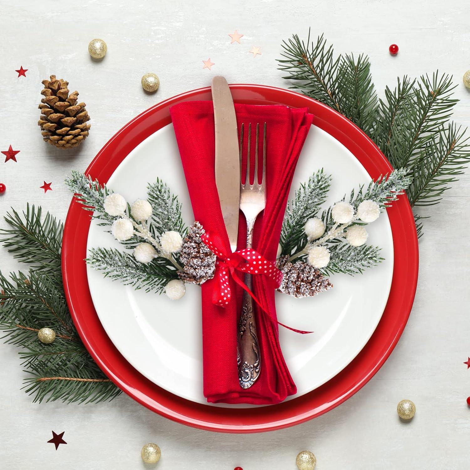 ELECLAND 10 Pcs Christmas Picks Decorations Artificial Pine Branches Stems Spray with Pine Cones Faux Pine Picks Red Berry Holly Leaves for Craft Floral Christmas Wreath Picks Ornaments, White - Red image number 4