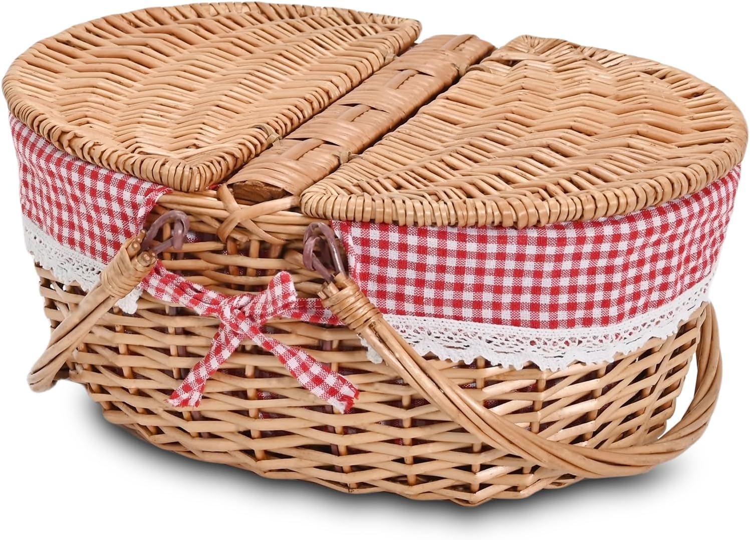 Wicker Picnic Basket with Removable Liner Empty Picnic Baskets with Lid for 2, Picnic Hamper with Foldable Handles for Picnic 2,Checkered