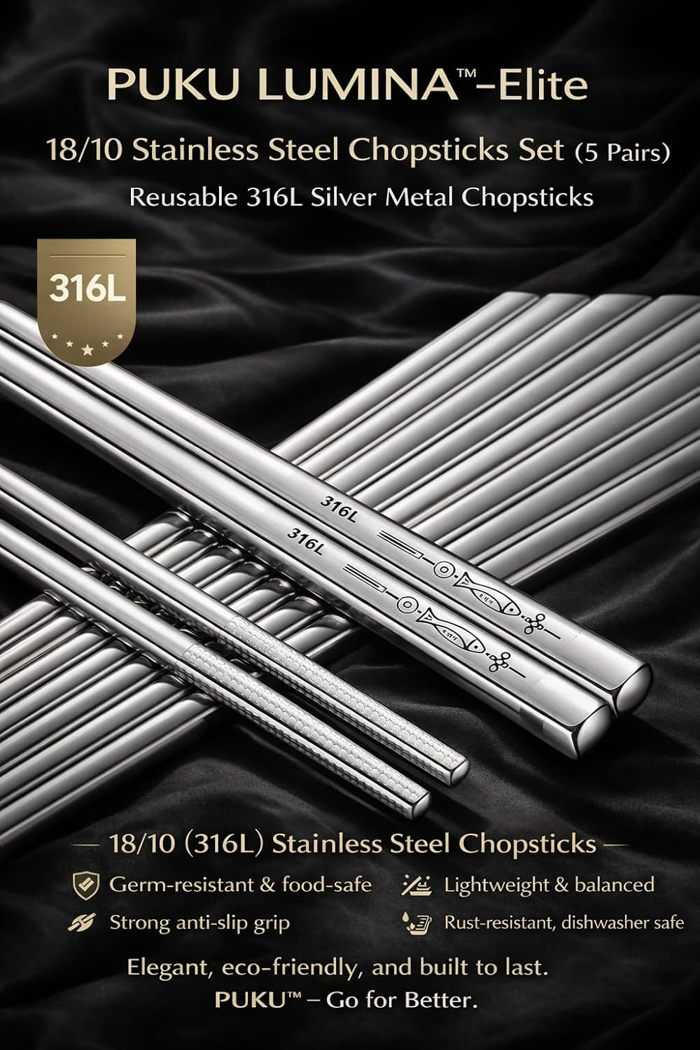 PUKU Lumina&trade;-Elite 18/10 Silver Stainless Steel Chopsticks Set (5 Pairs) &ndash; Reusable 316L Metal Chopsticks, Engraved Non-Slip Tips, Square Anti-Roll Design, Rust-Resistant, Dishwasher Safe, Gift-Boxed image number 2