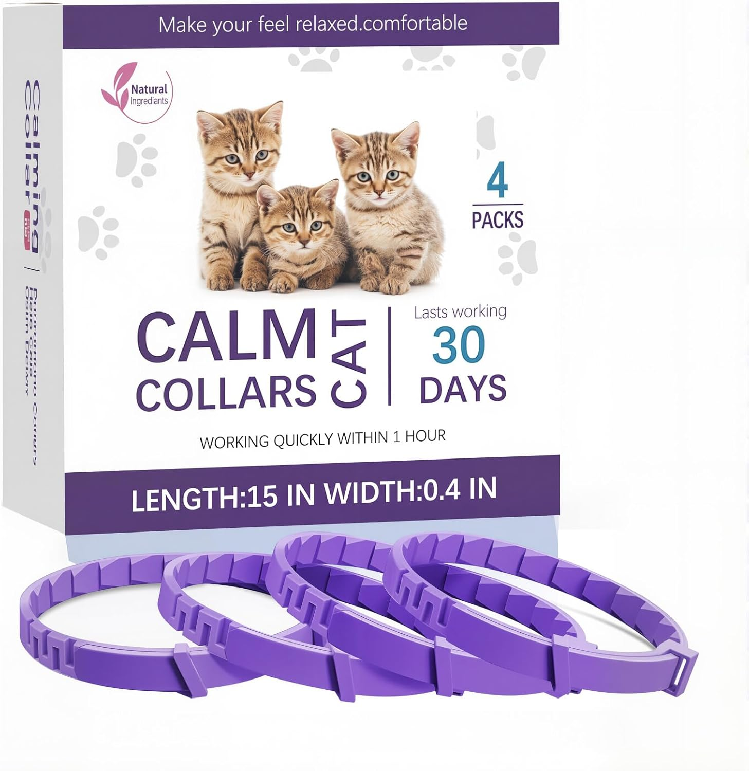 4 Pack Cat Calming Collar Calming Collar for Cats - Pheromone Infused, 30-Day Long Calm Effect, Water-Resistant Adjustable Collars for Small/Medium/Large Cats (Purple)
