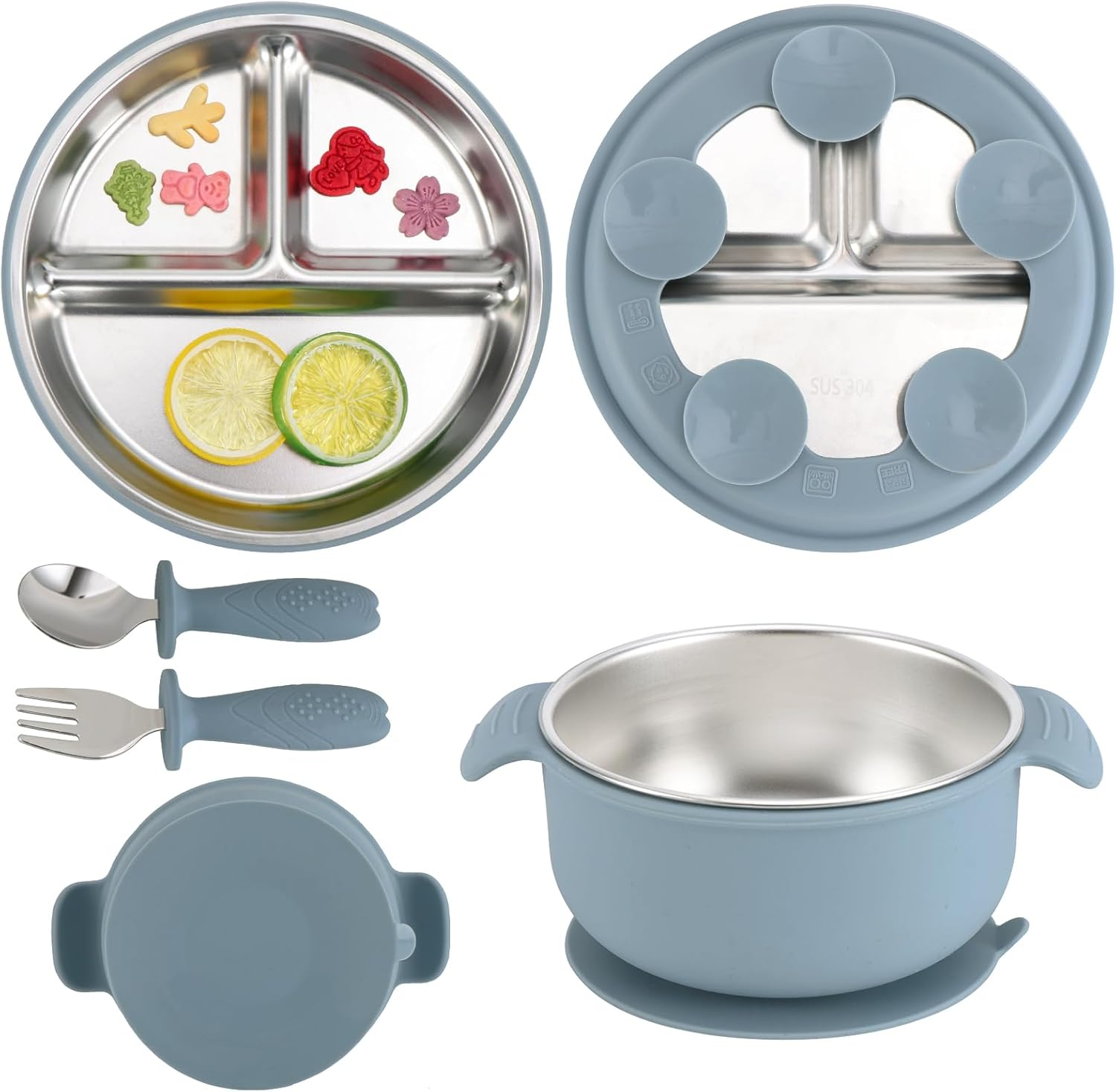 Silicone Feeding Set,Stainless Steel Suction Plate,Baby Utensil Set.Include a Spoon,A Fork, a Plate,A Stainless Steel Kids Bowl.