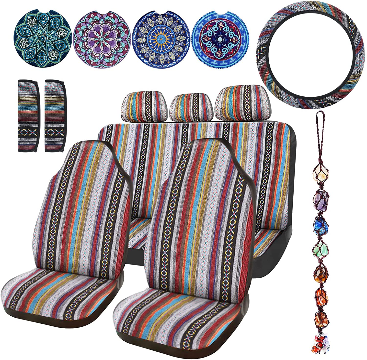 Frienda Baja Saddle Blanket Car Seat Covers Full Set Multicolor Stripe Boho Steering Wheel Cover Seat Belt Pads Crystal Hanging Ornament Automotive Interior Universal Fit Most Cars(Stylish Style)