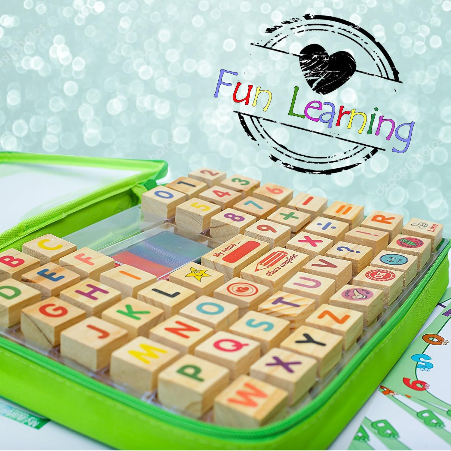 Large Wooden Stamp Premium Set for Kids. 72 Pcs Alphabet Stamps. Letters, Numbers, Emojis, 3-Color Washable Ink Pad, 3 Refill Bottles, Activity Book. Ideal Creativity Kit for Back to School image number 3