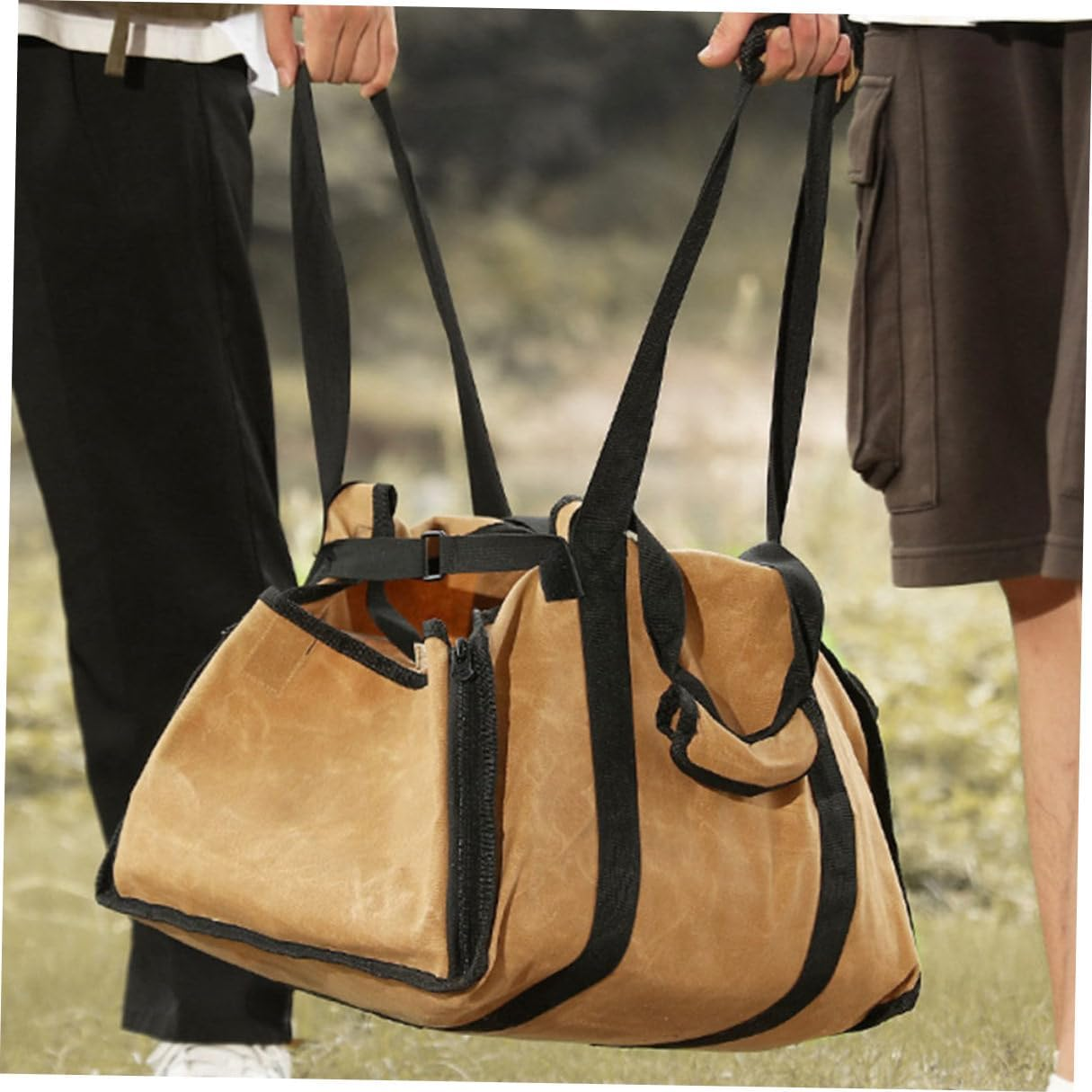 Portable Canvas Firewood Holder Bag Large Capacity Logging Tote for Camping and Bonfires Outdoor Wood Carrier Pouch for Oak and Maple Logs Heavy-Duty Storage Organizer in Khaki image number 3