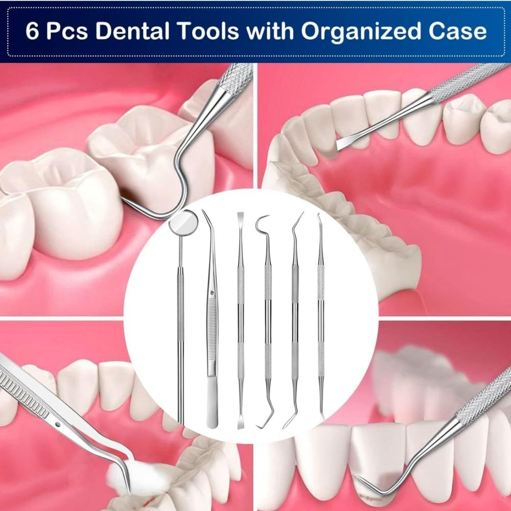 Dental Tools, Professional Teeth Cleaning Tools Dental Hygiene Tools Kit Stainless Steel Plaque Remover Tartar Scraper(Pack of 6) image number 5