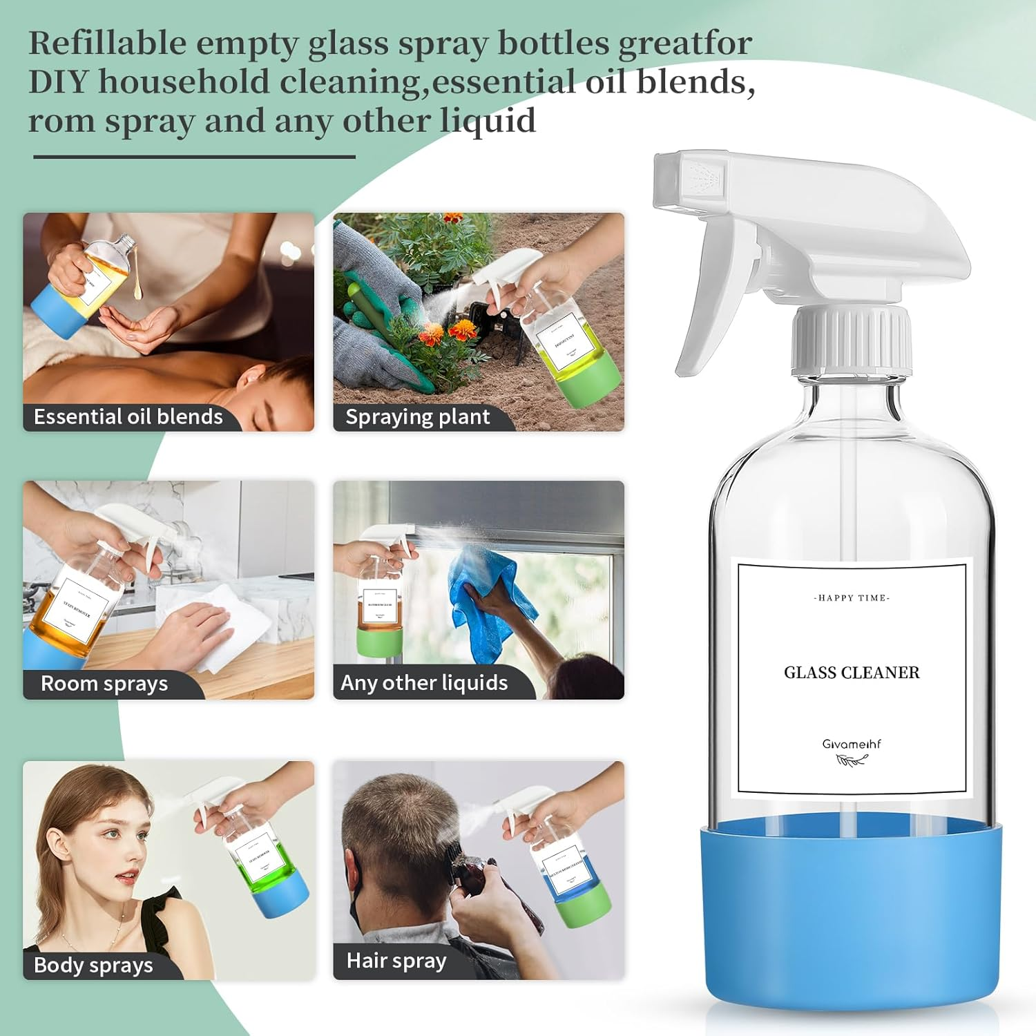 GIVAMEIHF 2 Pack Glass Spray Bottles with Silicone Sleeve,16Oz Clear Glass Spray Bottles Refillable Empty Bottle with Adjustable Nozzle,Spray Bottle for Essential Oils,Cleaning Solutions,Pets,Hair image number 1