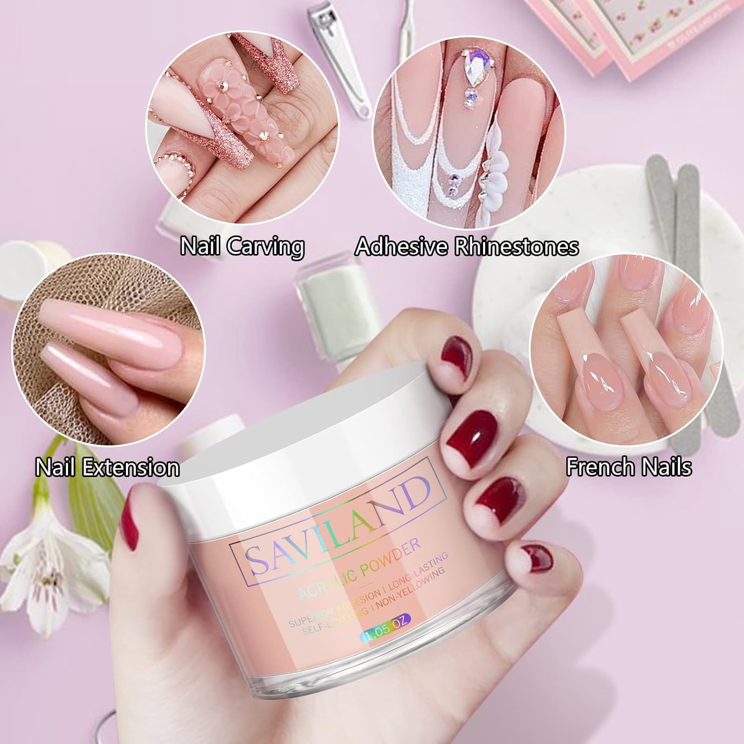 SAVILAND Nudes Acrylic Powder - 1Oz Professional Color Acrylic Nail Powder for Acrylic Nails Extension, 3D Nail Art Acrylic Polymer Powder, No Need Nail Lamp image number 4