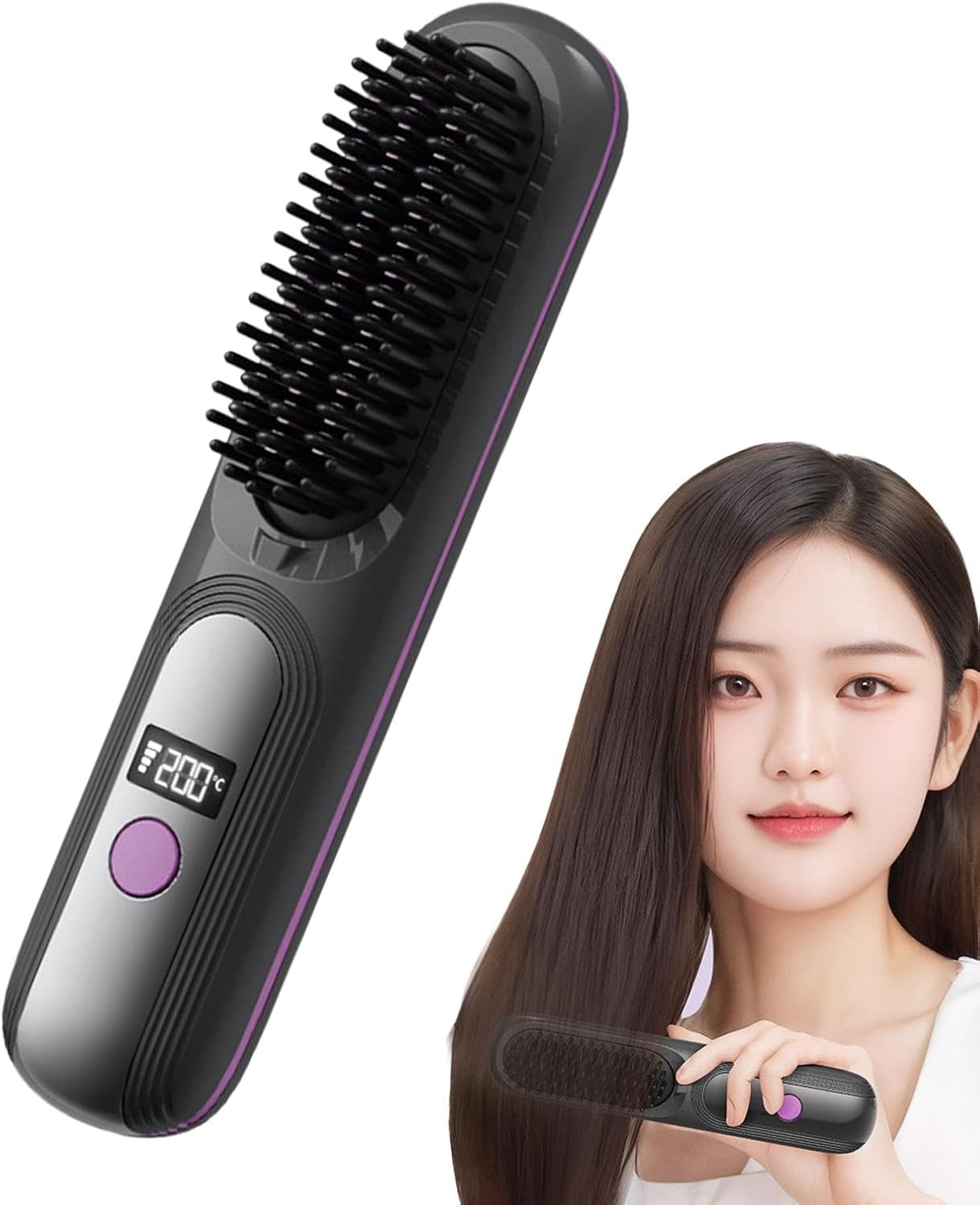 Hair Straightener Brush, Ionic Straightener Comb, Electric Heated Hot Hair Comb, Portable, Wireless, 23.5C/9.25Inches, for Travel, Home