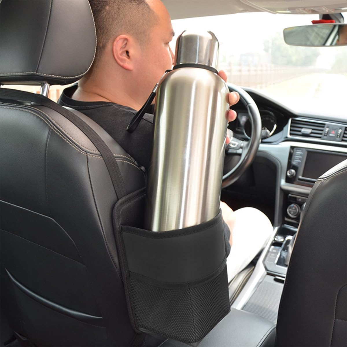 Sylvil 2 in 1 Large Cup Holder, Multifunctional Seat Side Storage Hanging Bag with Mesh Pocket, Car Water Bottle Storage Sleeve with Adjustable Strap, Car Accessories for Drinks (Black) image number 4