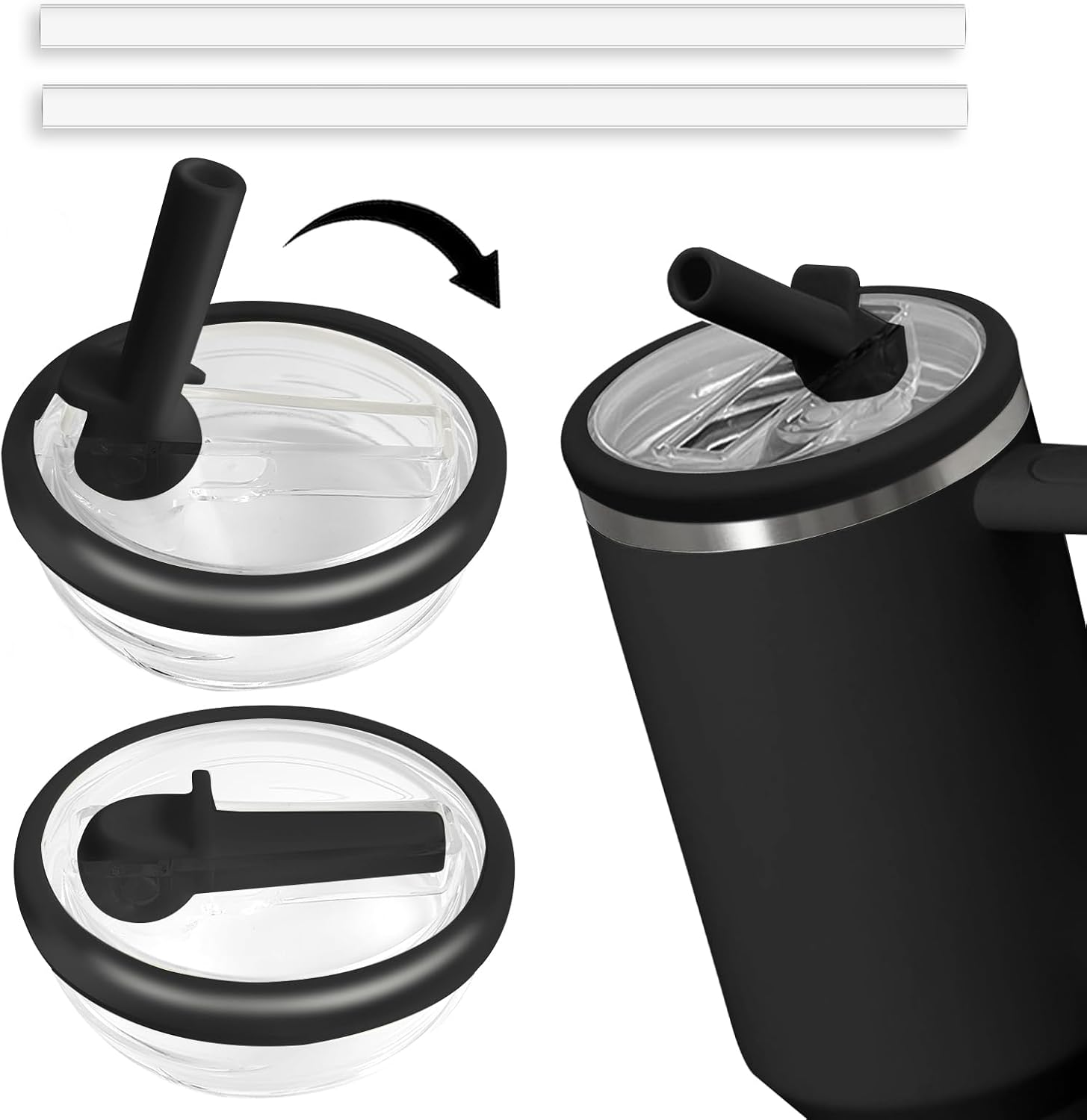 40 OZ Tumbler Flip Straw Lid Fit for Stanley Cup,2Pcs 40 OZ Spill Proof Lid,Clear Replacement Lids Fit for Stanley (Black, 40Oz)