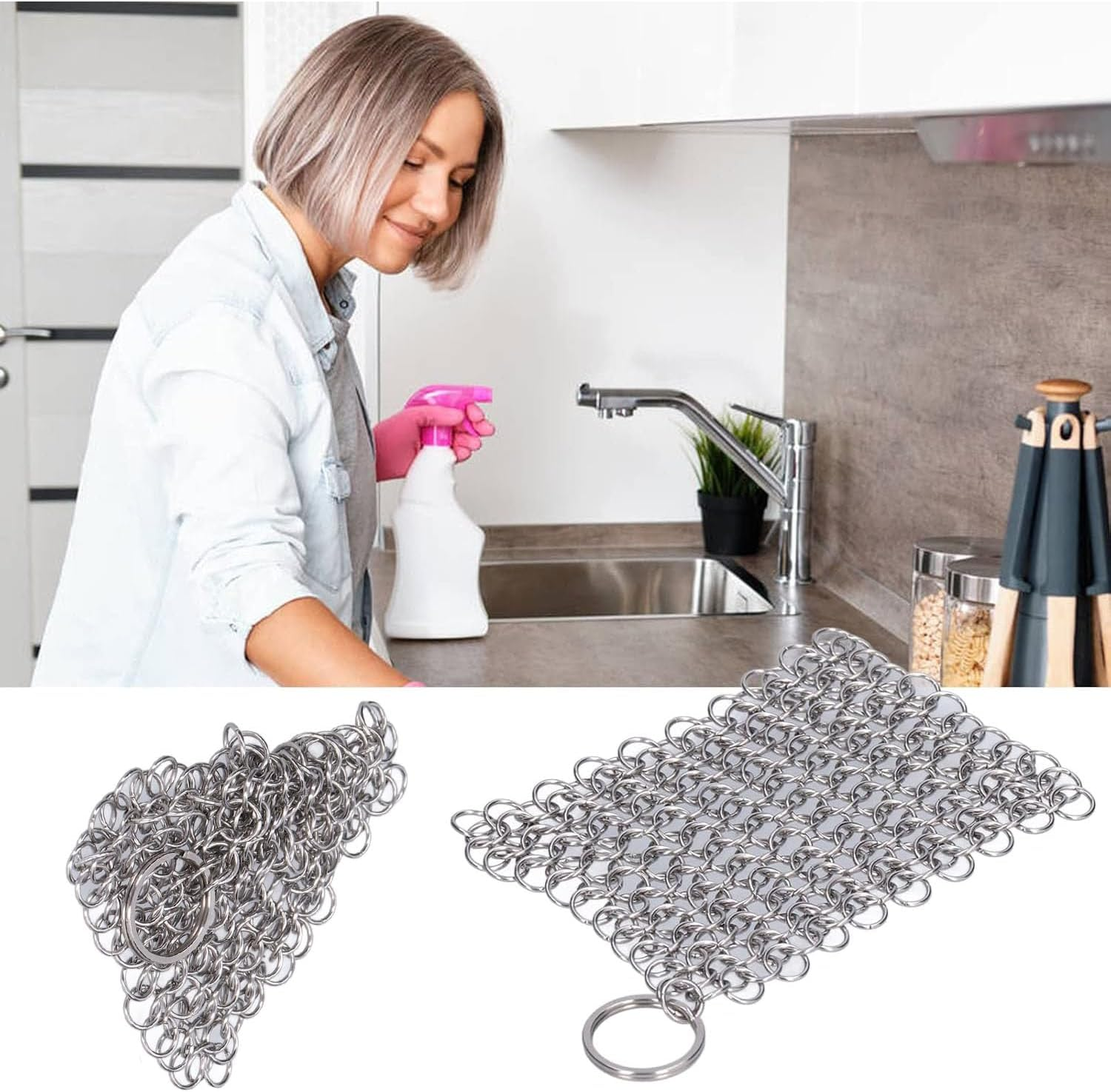 Cast Iron Skillet Cleaner Chainmail Srubber, 2 Pack 5"X 5" Rectangle & 4"X 4" round Premium Stainless Steel Chain Maille Scrubber Metal Scrubber for Cast Iron Pans CS03 Skillet Wok Pot Glassware image number 1
