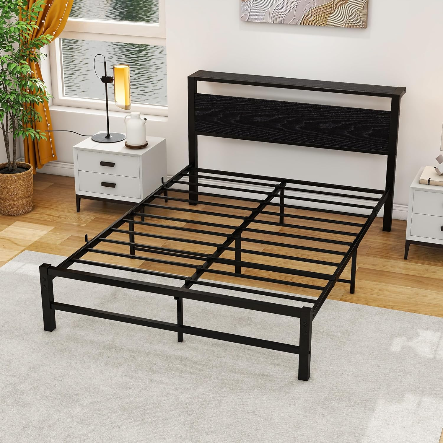 Double Size Metal Platform Bed Frame with Storage Headboard, Bed Frame Double Size No Box Spring Needed, Sturdy Steel Slat, Easy Assembly, Non-Slip Noise Free, Black image number 5