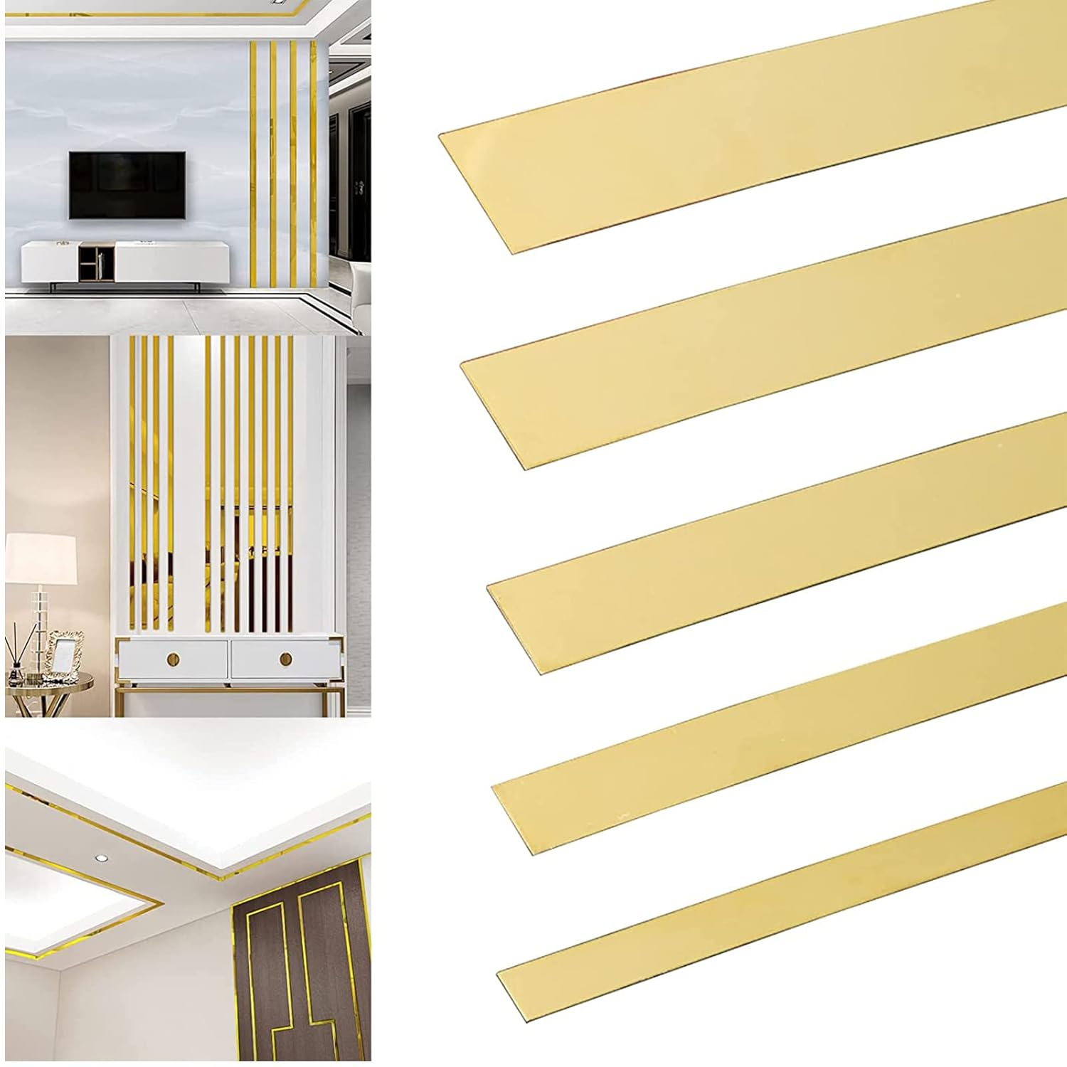 16FT Gold Wall Trim Molding Stainless Steel Wall Tape Peel and Stick Metal Trim Self Adhesive Wallpaper Strip Metalized Mirror-Like Finish for Wall Ceiling Mirror Frame Border Edge Trim