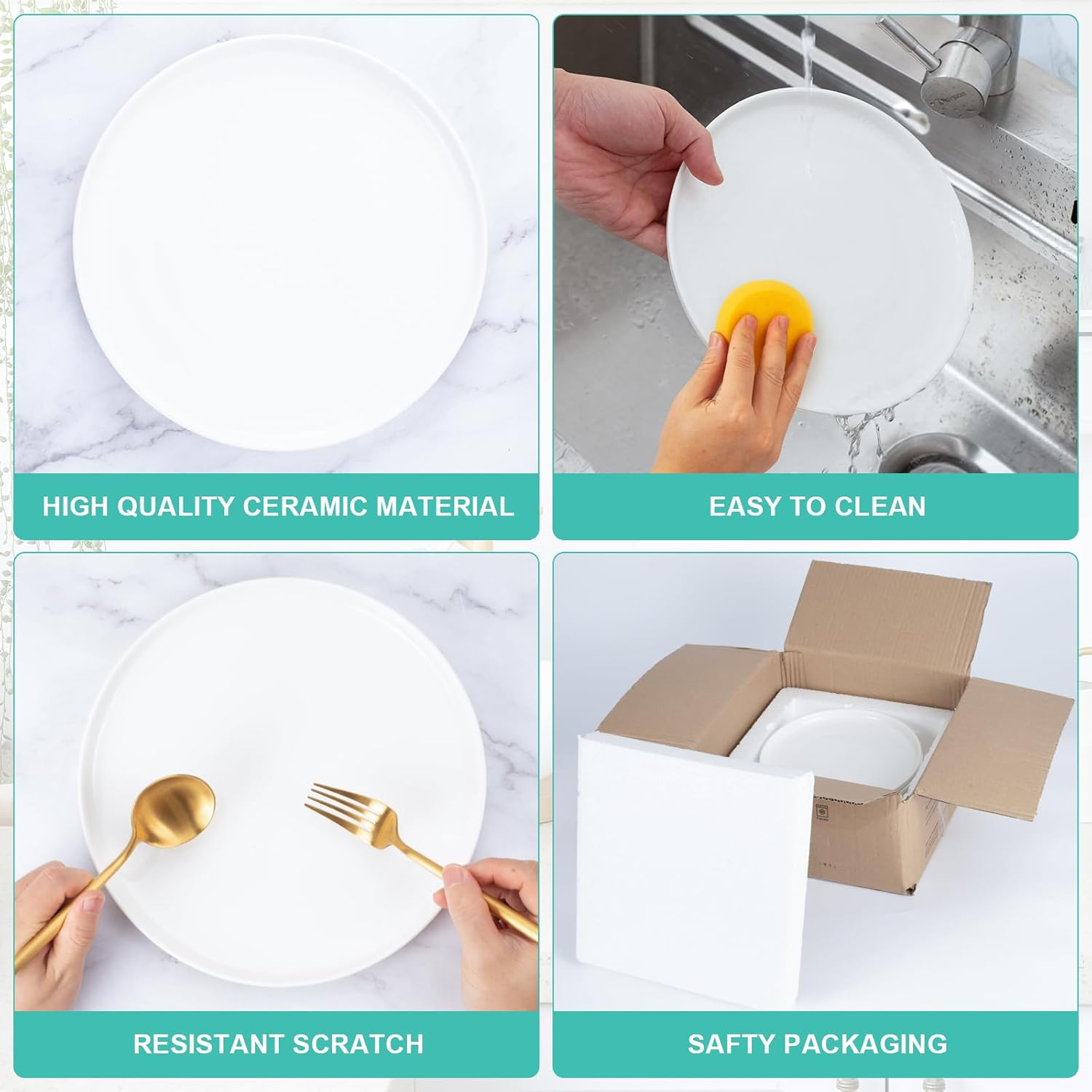 Antokueh 10 Inch White Ceramic Plates Set of 6,Round Porcelain Plate, 6-Piece Salad Dishes with Lipped Edges for Steak, Dessert, Dishwasher Oven Safe image number 4