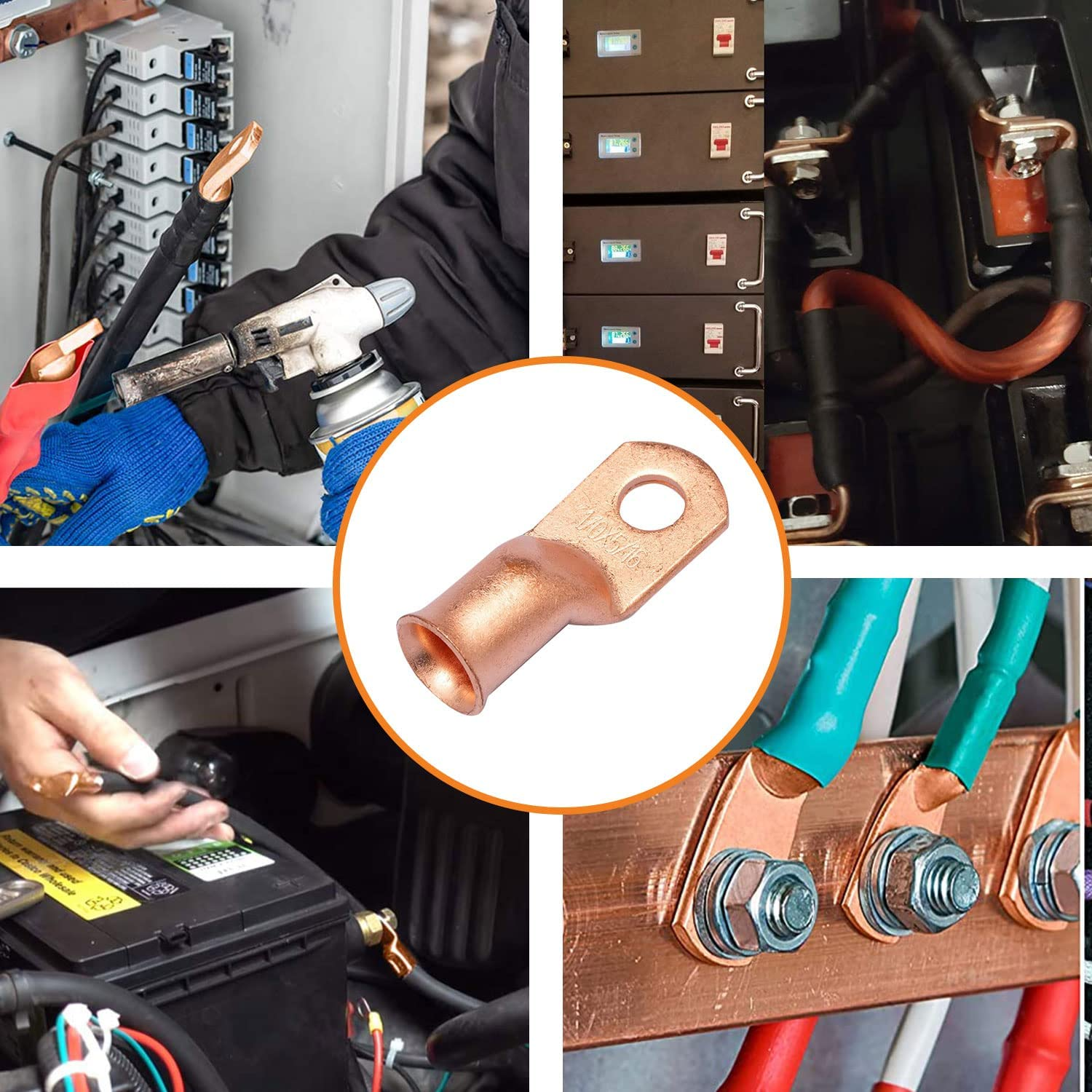 10 Pcs 5/16" Ring (M8) Heavy Duty Copper Wire Lugs Battery Cable Ends Bare Copper Eyelets Tubular Ring Terminal Connectors Assortment Kit,6 AWG/ 13.3Mm&sup2; Crimp Wire Ring Lugs with 10Pcs Heat Shrink Set image number 6