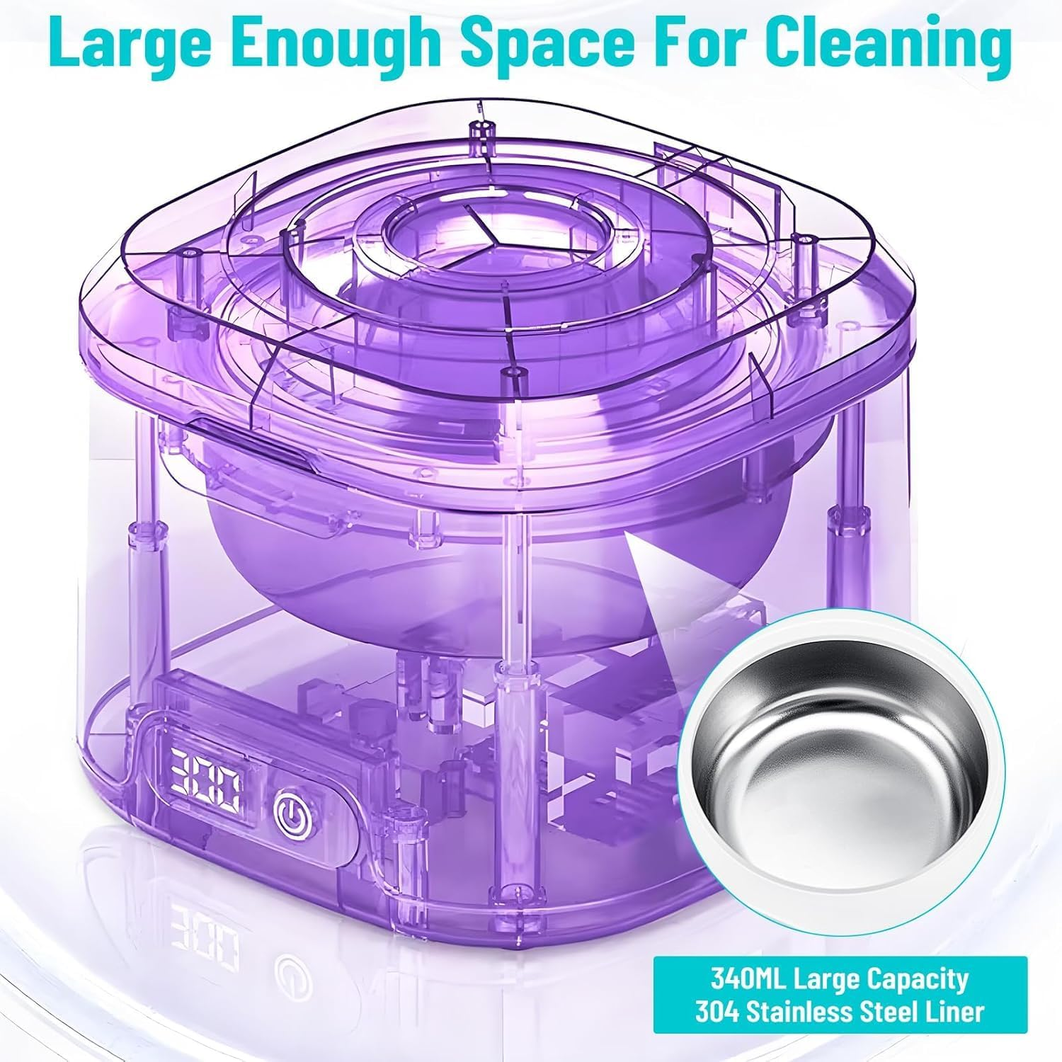 Ultrasonic Retainer Cleaner Machine, 49Khz Portable Dental Retainer Cleaner Pod for Dentures, Mouth Guards, Braces, Toothbrush Heads, Jewelry, 340ML Jewelry Cleaner Deep Cleaning, 4 Modes with Digital Timer image number 1