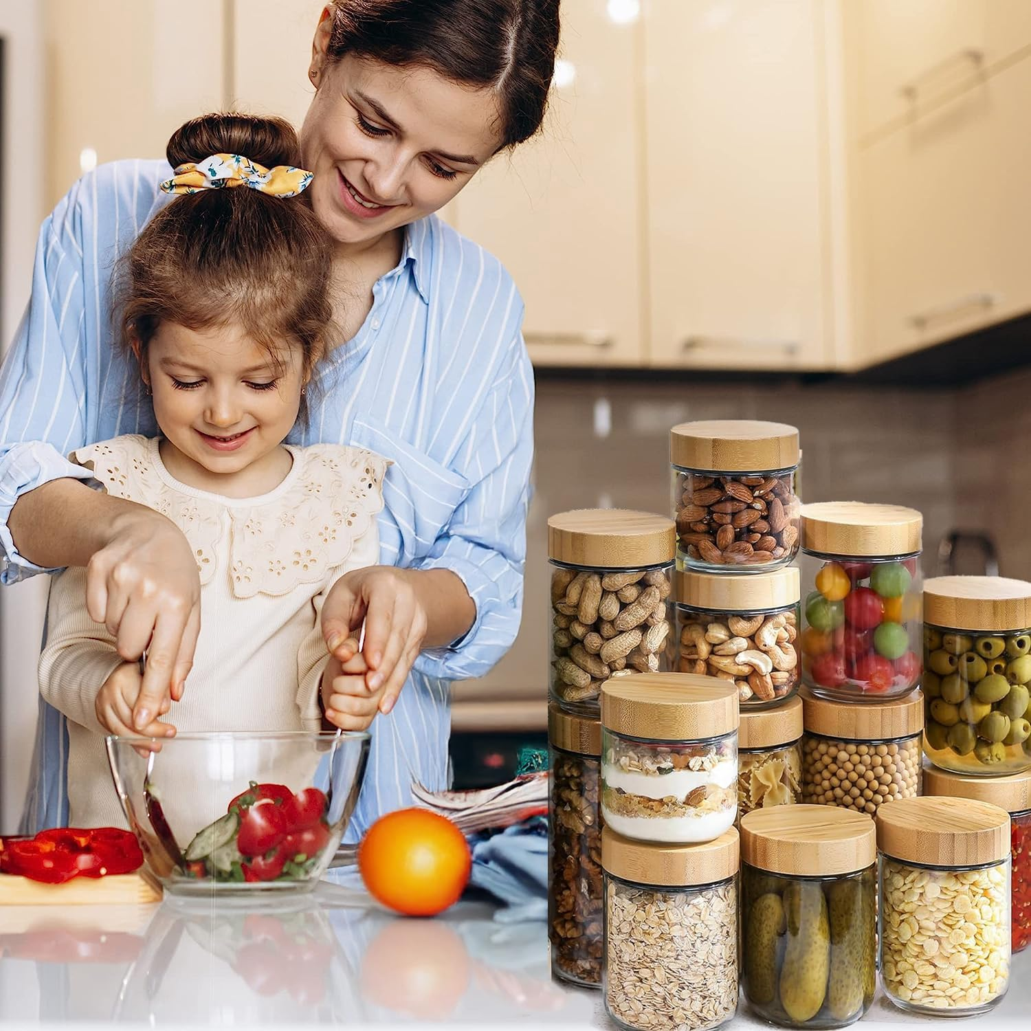 6 Pack Glass Jars with Airtight Lids, Overnight Oats Containers with Bamboo Lids, Wide Mouth Mason Salad Jars, Glass Food Storage Containers for Snacks Yogurt Sugar Flour Cookie Cereal (700Ml)