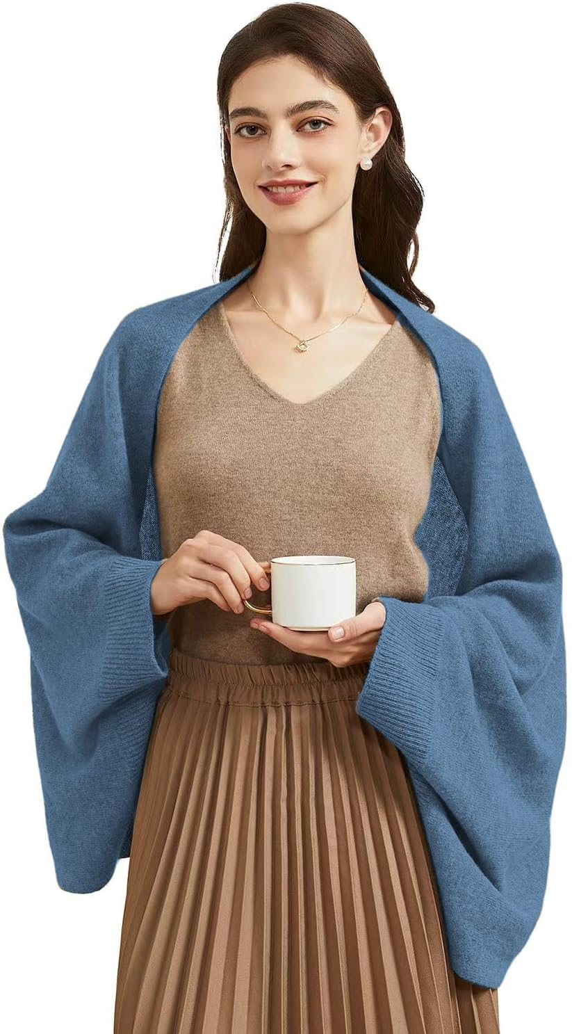 BRYCTSISEN Women'S Lightweight Cashmere Shawl Wrap Scarf with Sleeves Outer Warm Knitted Open Front Poncho Cape Fall Winter