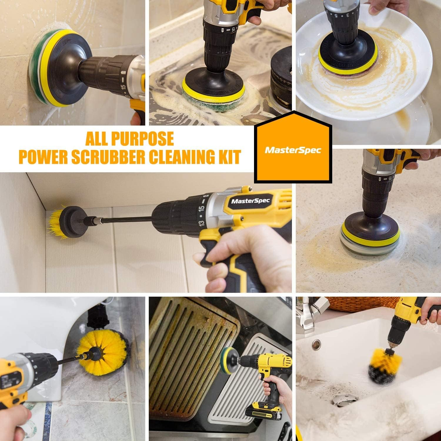 Masterspec 15PCS Drill Brush Kit Car Cleaning Attachment Set Sponge Scrubber Scrub Brush Kits with Extend Holder