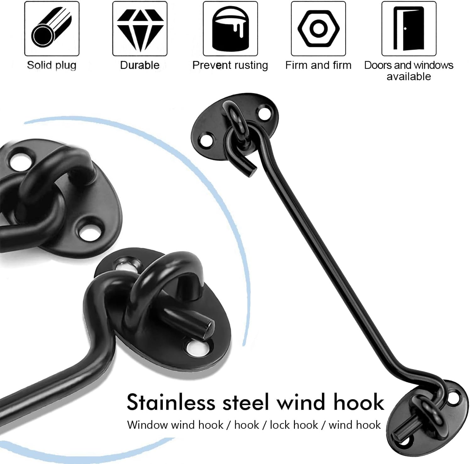 2PCS Barn Door Hook Lock, Gate Door Hook and Eye Latch, Cabin Hooks and Eye Latch Lock Cabinet Latche, Swivel Window Hook for Sliding Door Bedroom Bathroom Windows Gates Black, 6 Inch image number 5