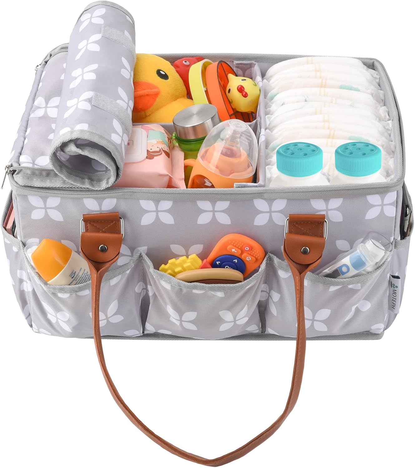 Moteph Diaper Caddy Organizer - Baby Caddy with Lid & Changing Mat, Car Diaper Caddy, Large Nursery Storage Diaper Tote Basket for Changing Table with Zip-Top Cover, Great for Baby Showers - Grey image number 1