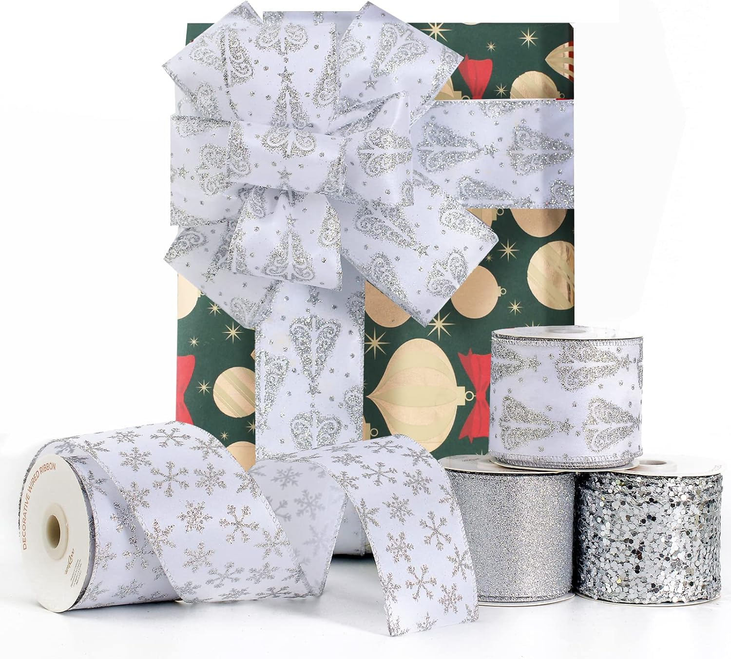 UNIQOOO 40 Yard 4 Rolls Seamless Silver Christmas Wired Ribbon Set, 2.5 Inch X 10Yd. Satin Burlap Wired Edge Ribbon for Xmas Tree D&eacute;cor, Gift Wrap Box, Bows, Wreath, Garland, Floral DIY Craft, Wedding image number 1