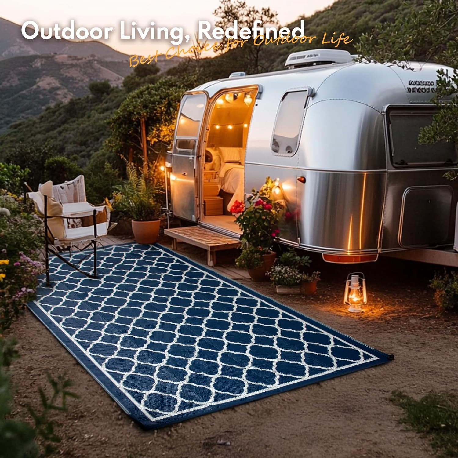 Waterproof Outdoor Rug 5X8 Ft, Reversible Plastic Straw Rug, Easy to Clean Patio Rug, Portable Carpet for Patio, RV, Deck, Balcony, Backyard, Picnic, Beach, Clover, Navy Blue image number 2