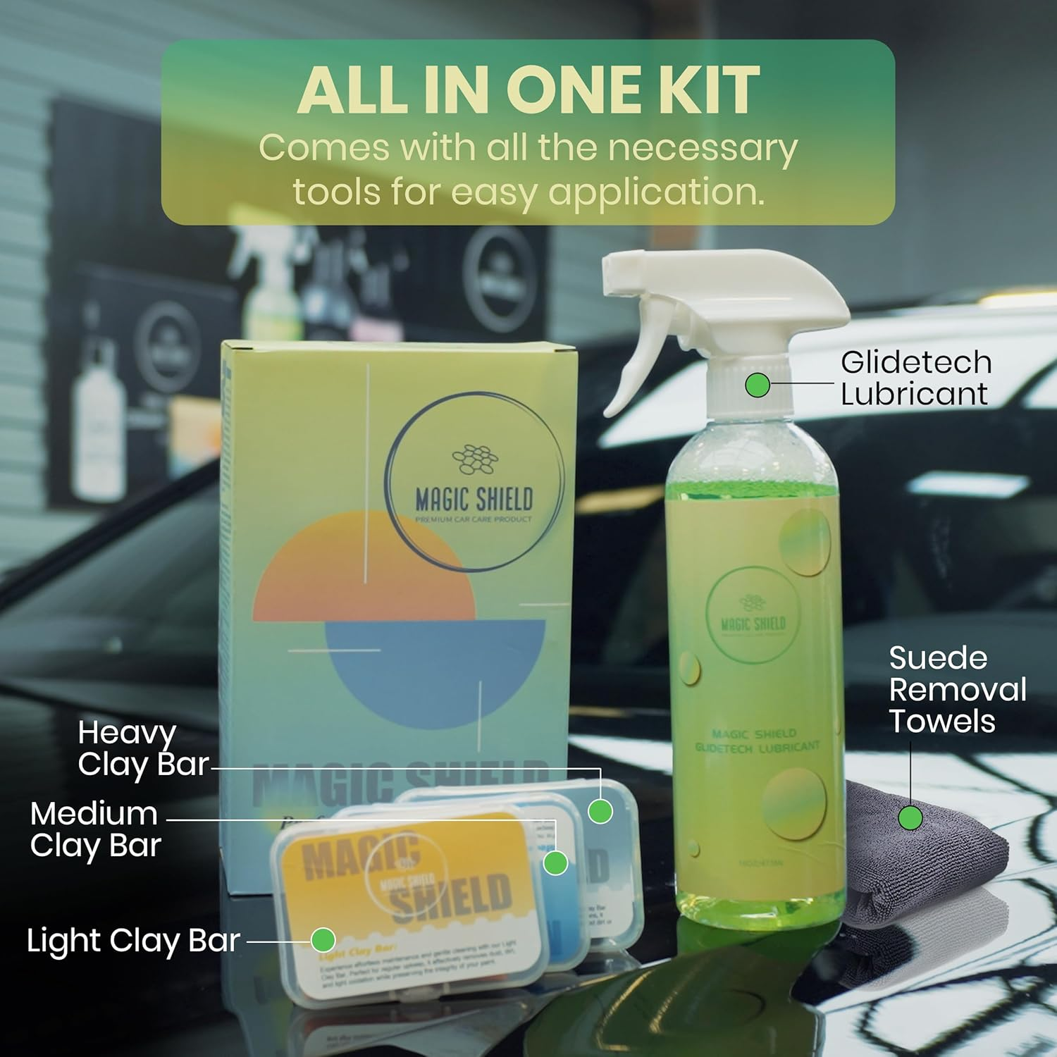 Magic Shield Clay Bar Triple Pack &ndash; 100G Light, Medium & Heavy Bars + Glidetech Lubricant Spray | Professional Auto Detailing, Deep Cleaning & Shine Restoration image number 2