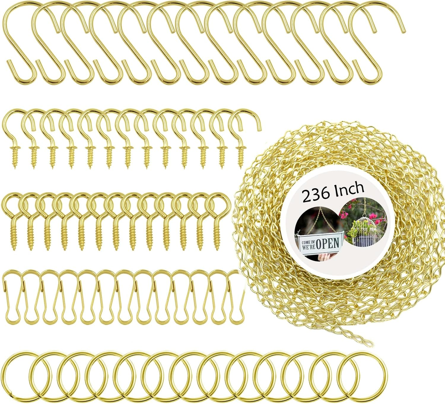 236 Inch Gold Hanging Baskets Chains - Adjustable Length, Brass Decorative Metal Chain with a Great Assortment of Hooks for Hanging Bird Feeders Planters Baskets Billboards Ornaments, Chain Hooks DIY