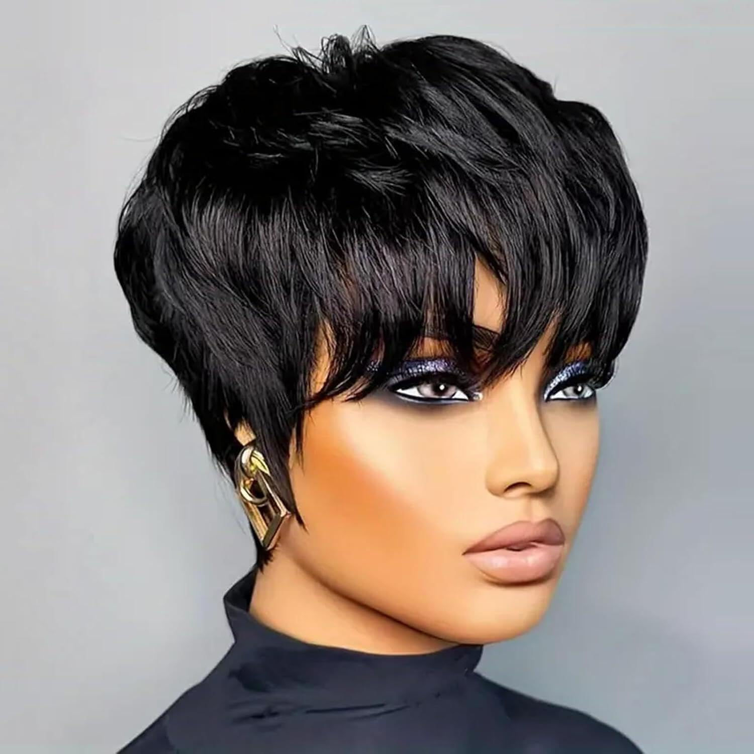 Qiaqiaring Pixie Cut Wigs for Black Women Natural Color 1B Short Layered Pixie Cut Wigs for Women Brazilian Virgin Human Hair Wigs Glueless Wigs