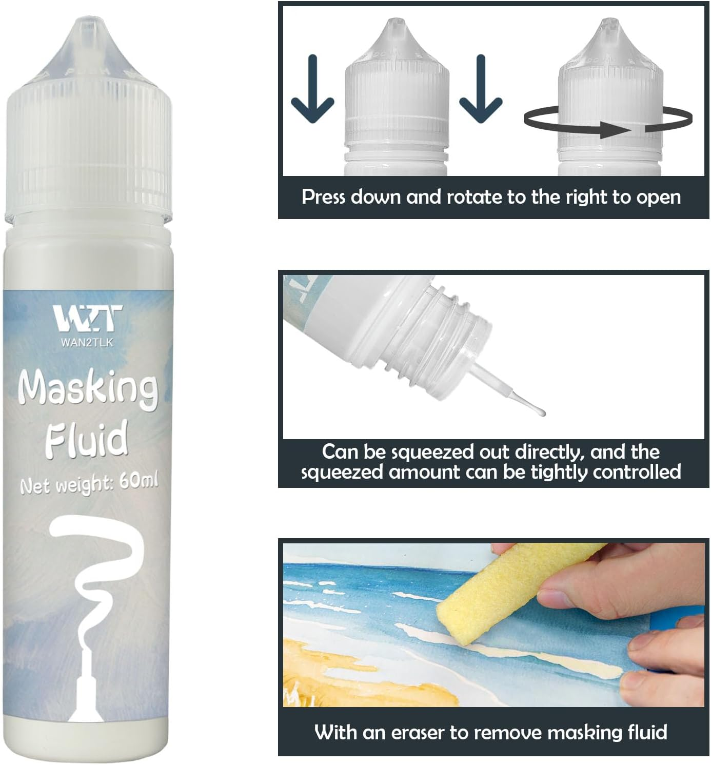 INNOVAYOU 60Ml White Masking Fluid for Watercolor Painting, Resistant Ink and Pouring Paint, Watercolor Masking Fluid Keeps Areas Colorless and Edges Sharp image number 6