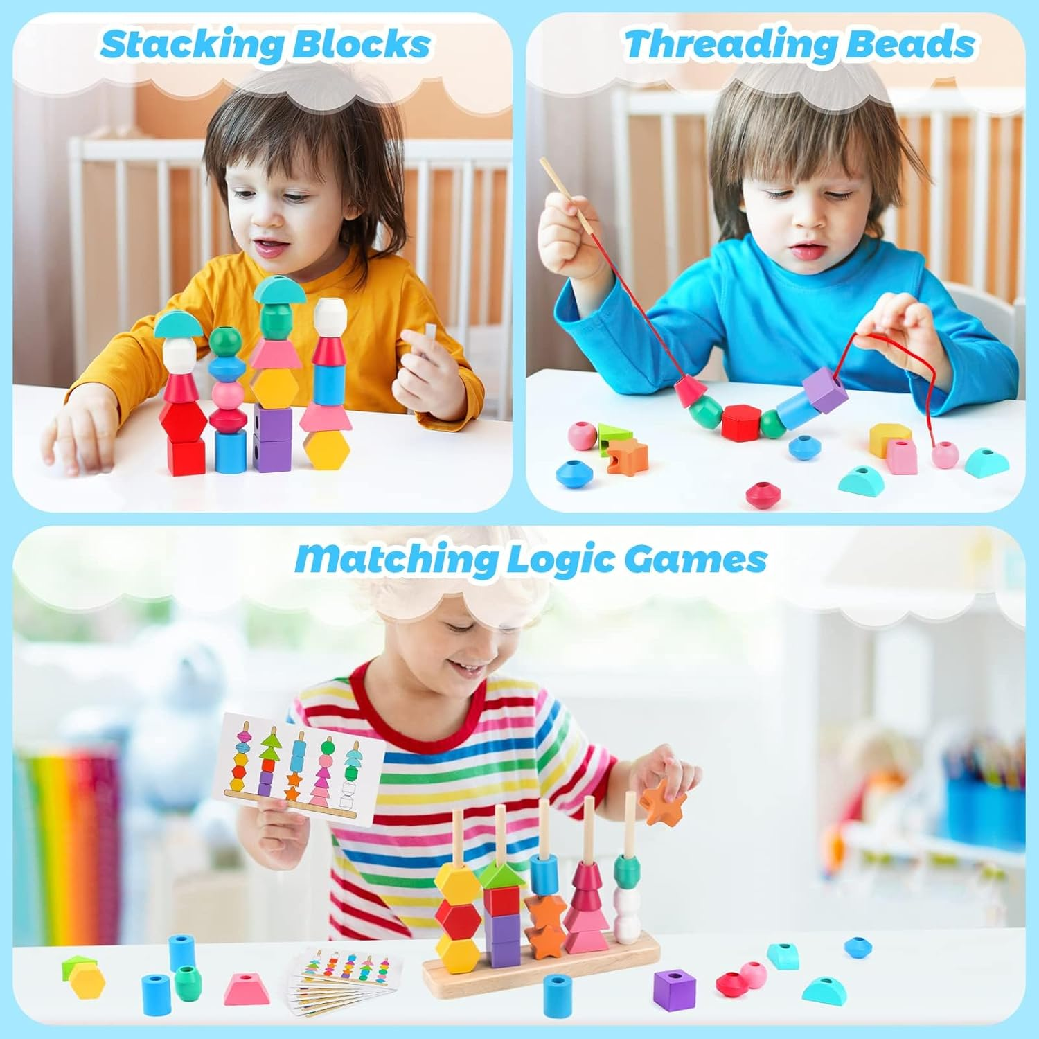Montessori Wooden Beads Sequencing Toy Set, XICEN Stacking Blocks & Lacing Beads & Matching Shape Stacker for 3+ Year Old STEM Preschool Learning Montessori Toys Gifts for Kids Boy Girl image number 4