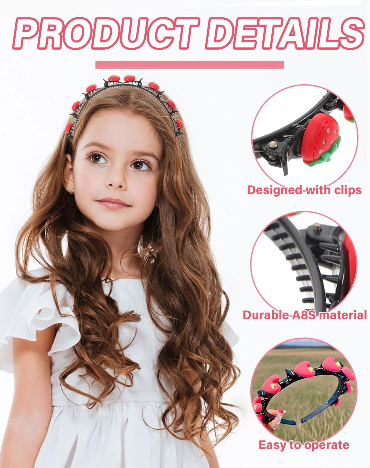 FUGLUS 2 X Fashion Headbands for Women, Braided Headbands with Clips, Hair Twister Headband for Double Bangs Hairstyles, for Women and Girls, Strawberry/Heart image number 2