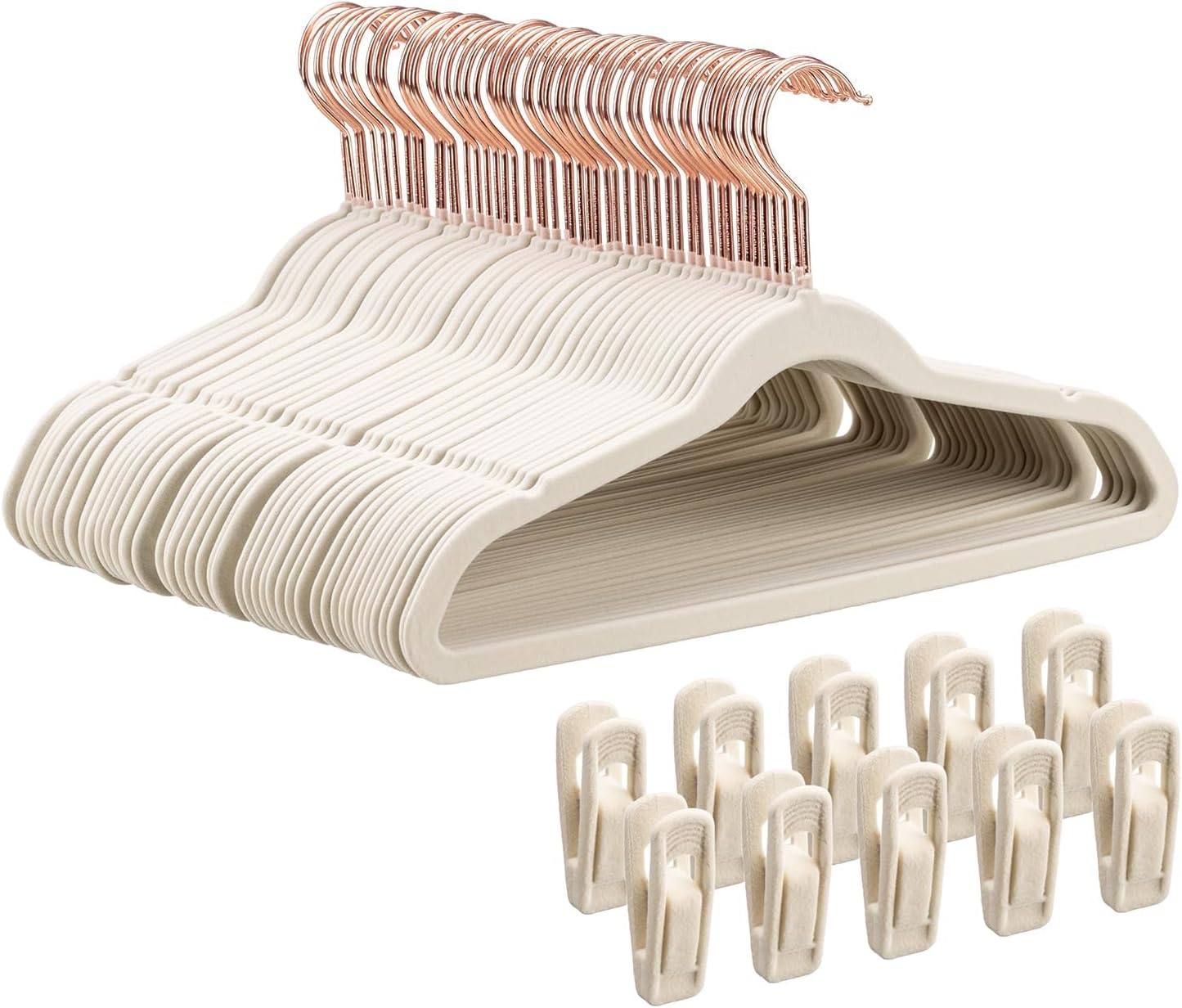 30CM Kids Velvet Hangers 50 Pack - Ultra Durable Non Slip Felt Hanger for Big Kids/Youth/Teens- Slim Space-Saving Children'S Closet Hangers for Heavy Clothes with 10 Hanger Clips - Beige (White)