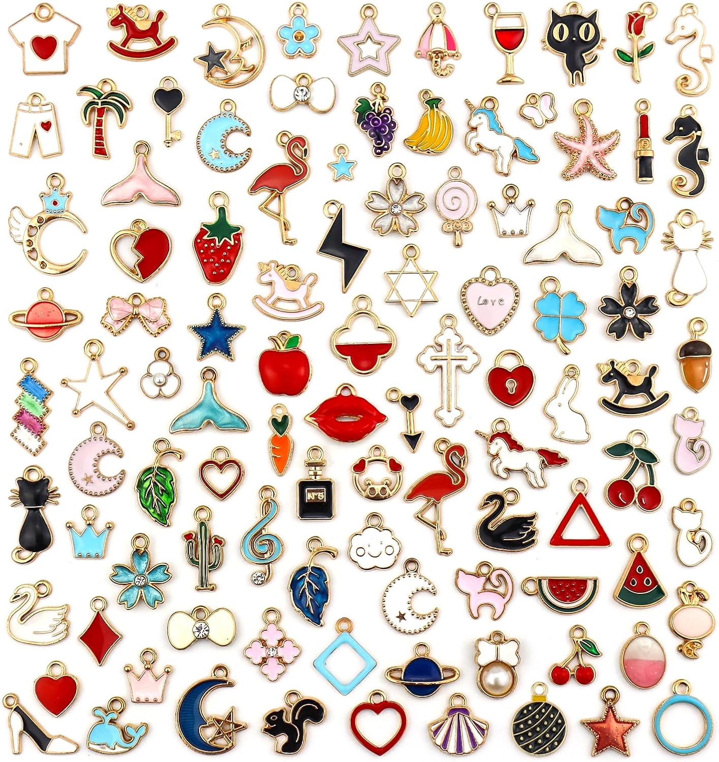 JIALEEY 100PCS Gold Plated Enamel Charms Mixed Moon Star Fruit Animal Charm Colorful Pendant DIY for Necklace Bracelet Jewelry Making and Crafting, Zinc Enamel, Alloy Enamel image number 4