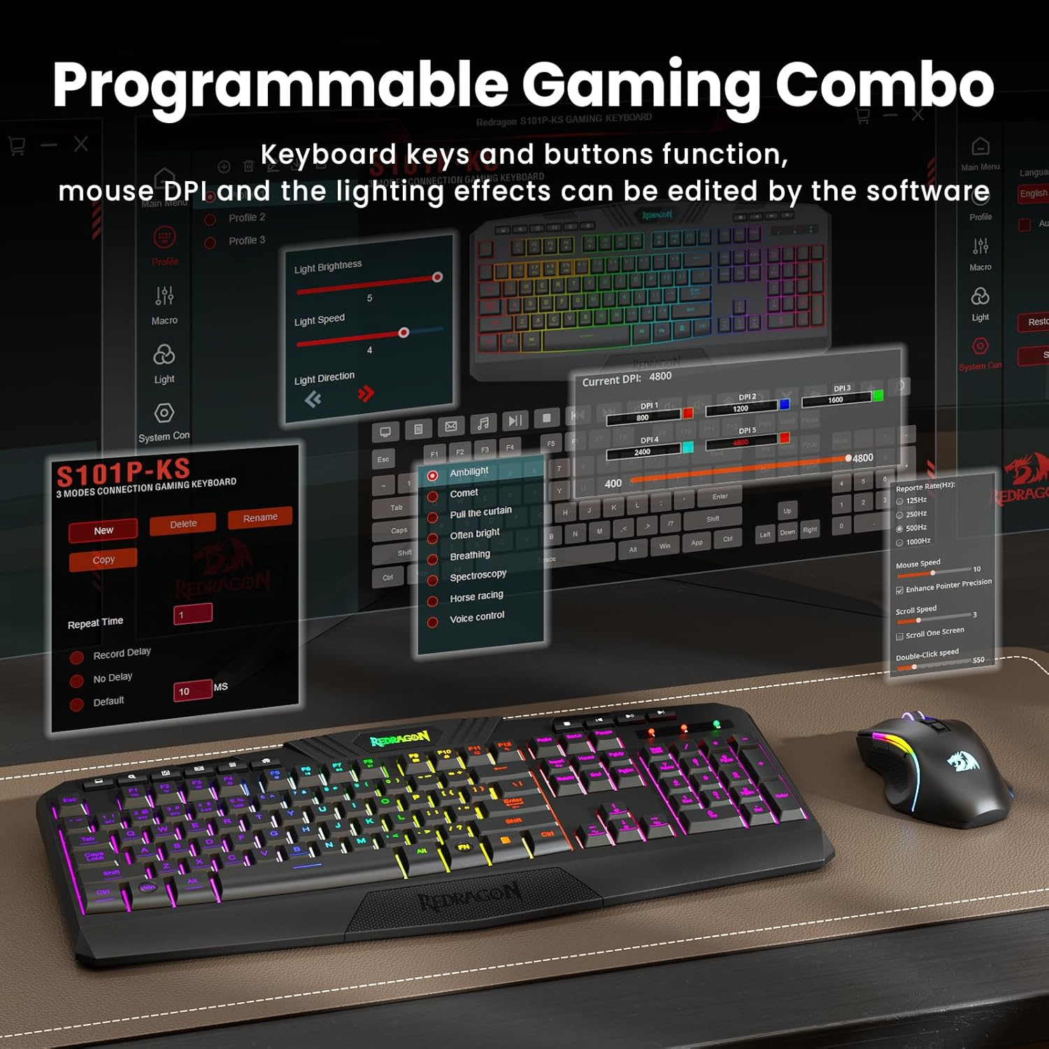 Redragon S101M-KS Gaming Keyboard and Mouse Wireless with Tri-Mode, RGB Keyboard and 4800 DPI Gaming Mouse, 10 Independent Multimedia Keys for Wins, PC, Computer, Wireless S101 Ideal for Gamer image number 1