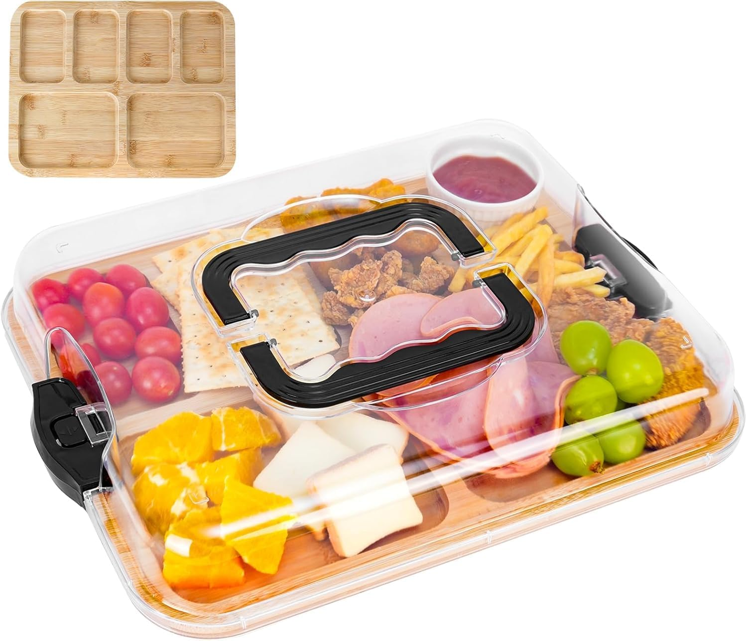 CARLA HOME Charcuterie Board with Lid & Handle, 6 Compartments, Bamboo Cheese Board with Locking Cover, Large Snack Serving Tray, Wooden Cutting Boards for Kitchen, Party, Picnic, Gift, Christmas image number 2