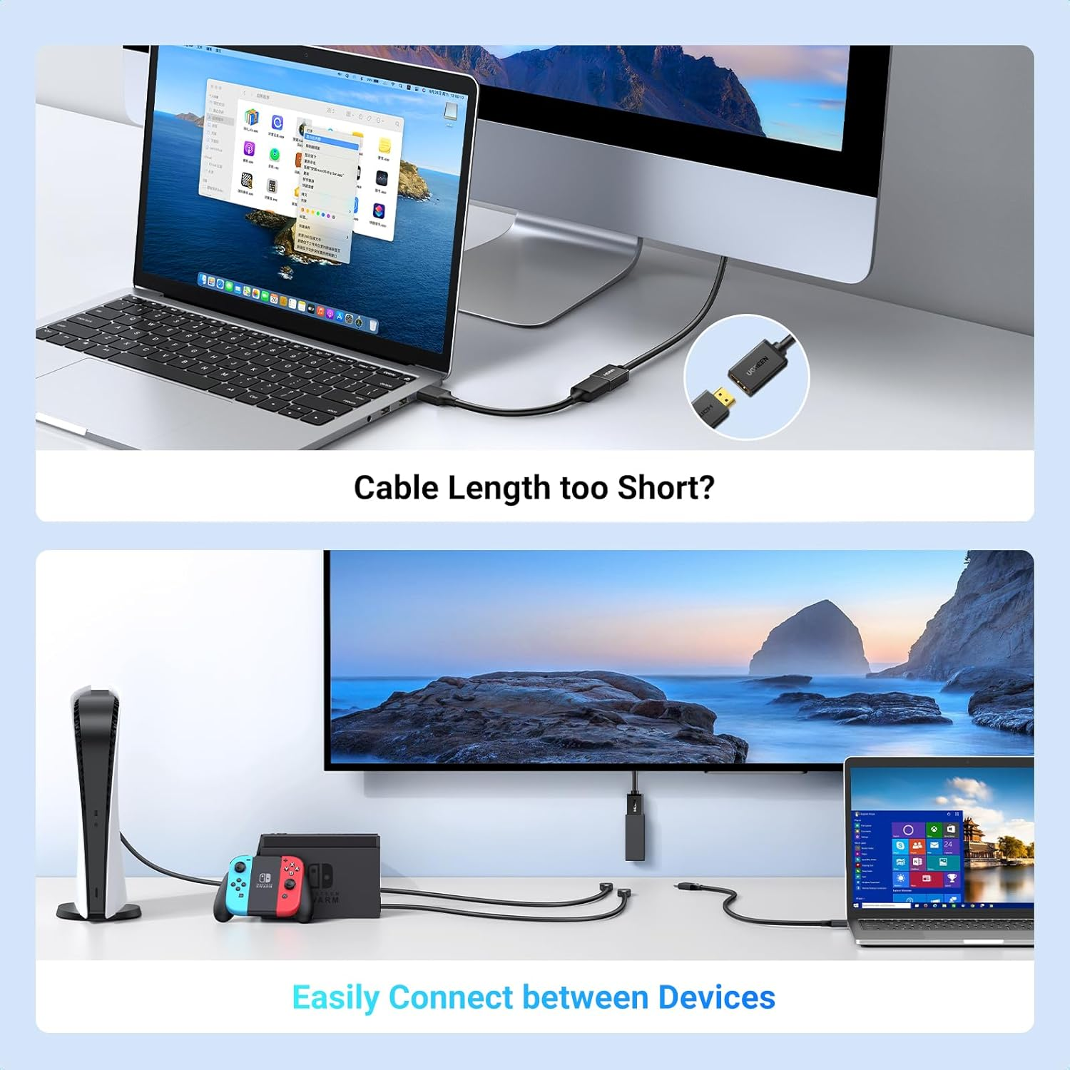 UGREEN 4K@60Hz HDMI Extension Cable 0.5M, Extender Male to Female Compatible with Switch Xbox One S 360 PS5 PS4 Roku TV Stick Blu Ray Player Google Chromecast HDTV Laptop PC image number 3