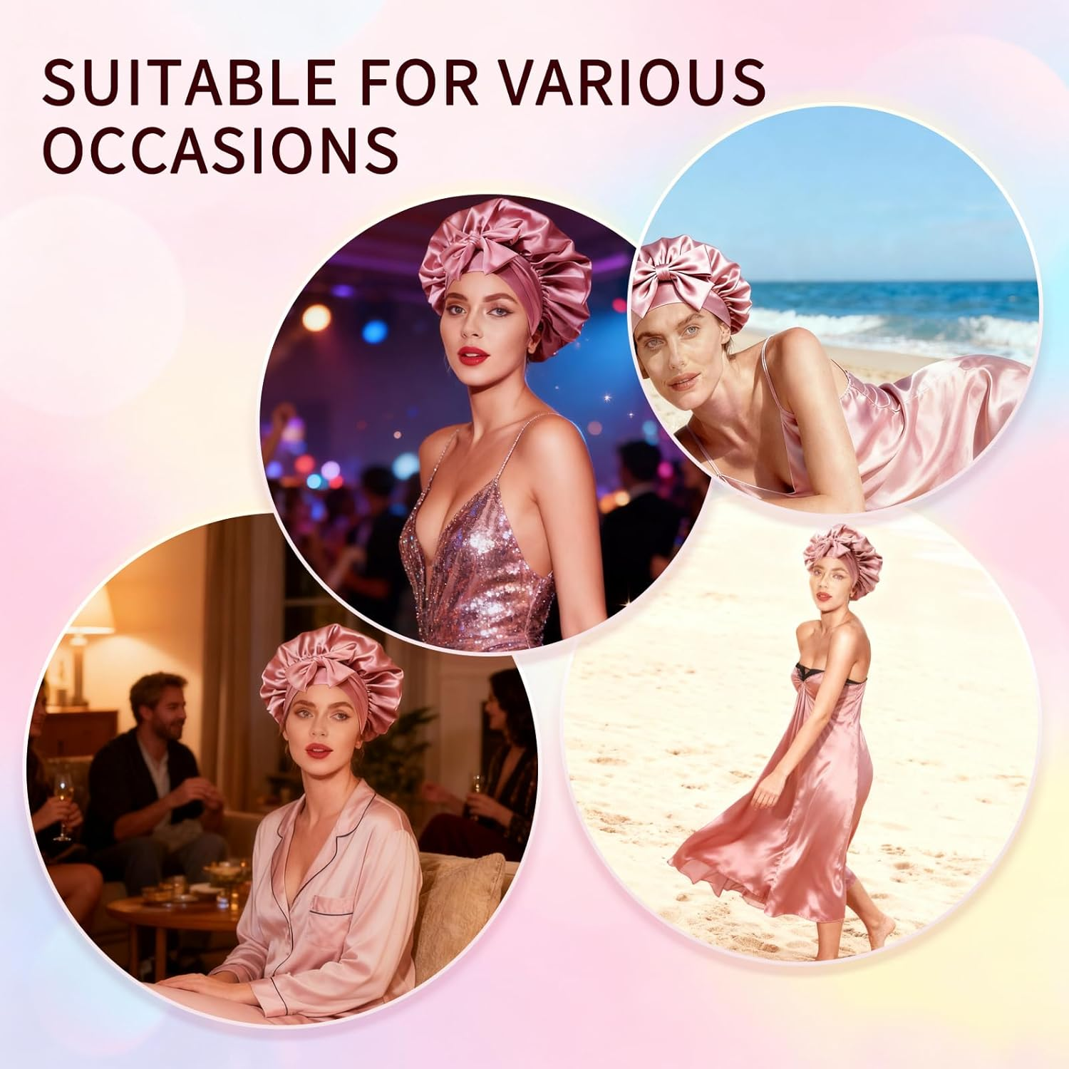 Langtaojin Silk Bonnets Collection:Double-Laver Hair Bonnet. Eye Mask & 2 Hair Ties for Overnight Care & Comfort. Soft Silk Bonnet for Comfortable Sleep Pink image number 2